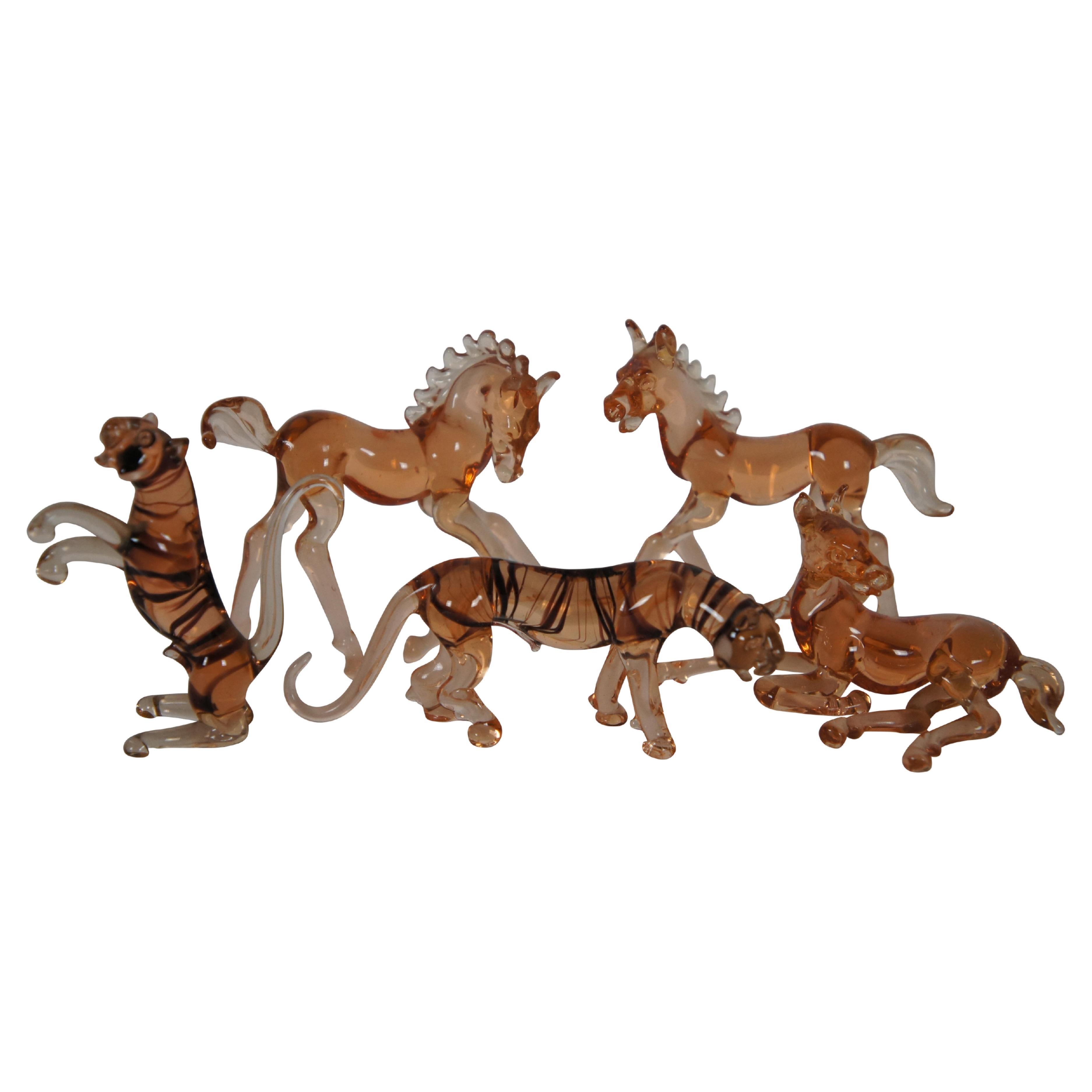 5 Vintage Hand Blown Amber Art Glass Animals Equestrian Horse Bengal Tiger 3" For Sale
