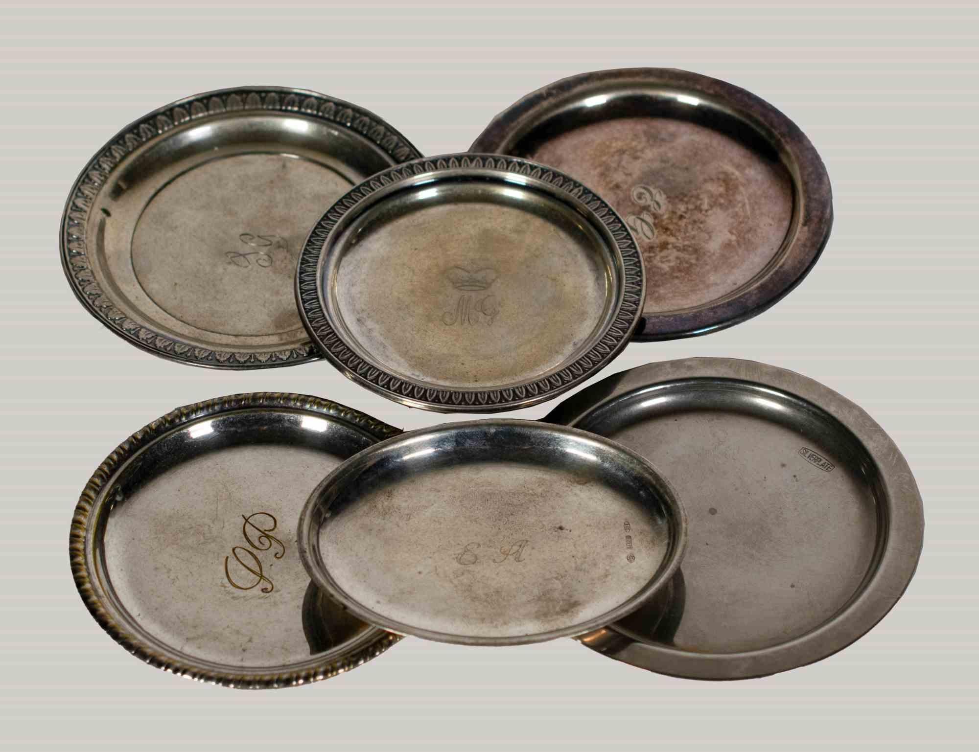 5 piattini da bottiglia e posacenere d'argento vintage, metà del XX secolo In condizioni buone in vendita a Roma, IT