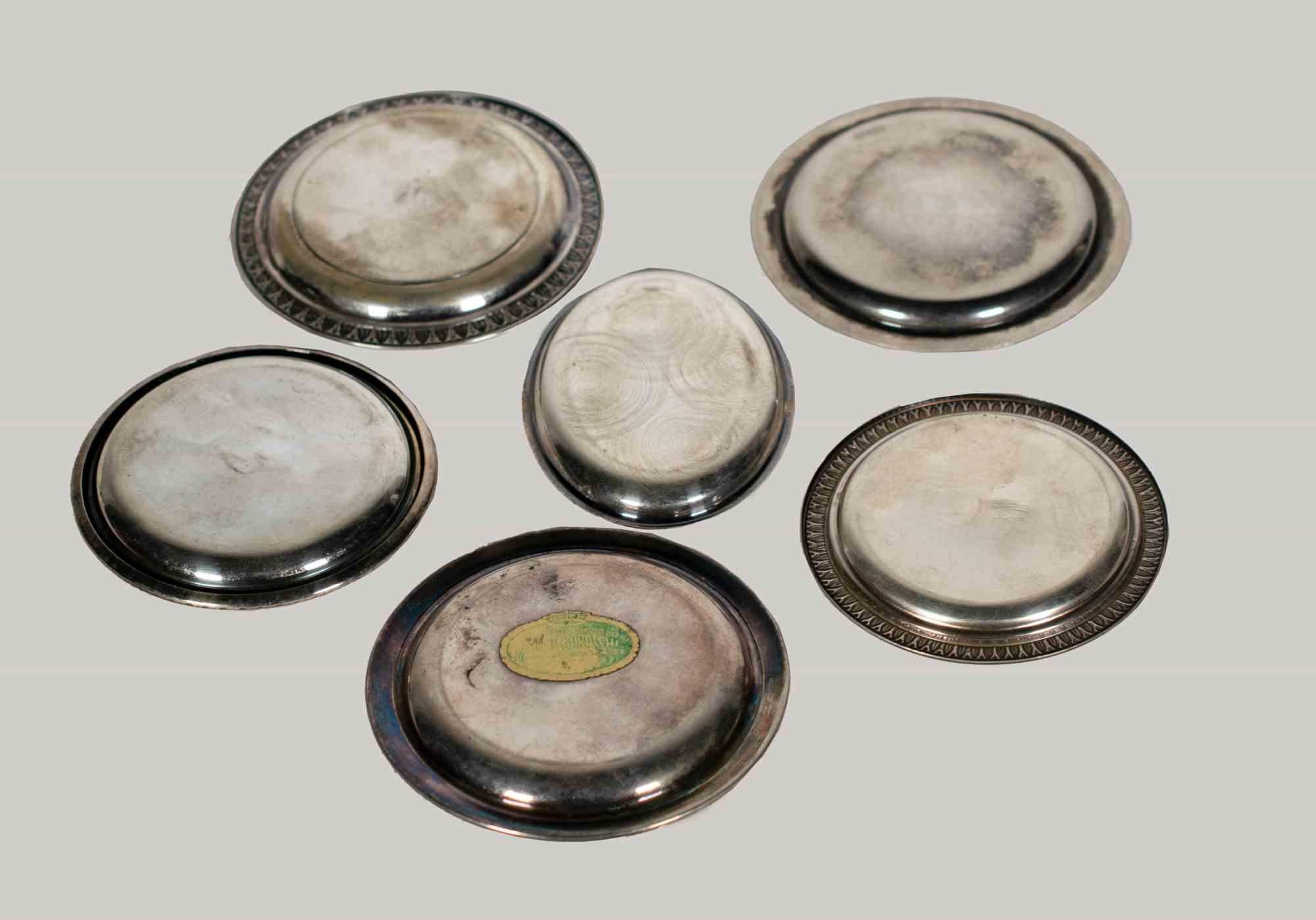 5 piattini da bottiglia e posacenere d'argento vintage, metà del XX secolo in vendita 1