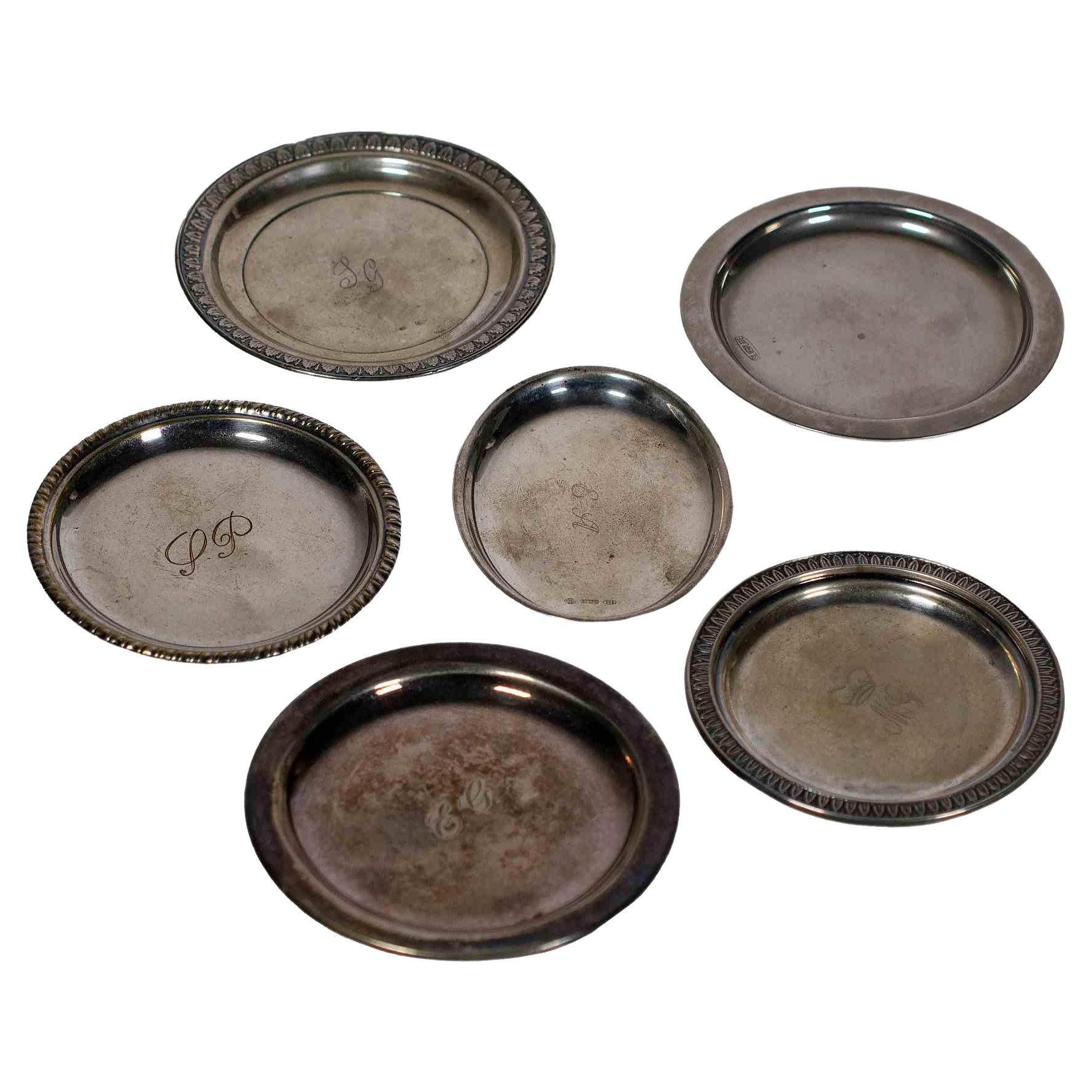 5 platillos y cenicero vintage de plata para botellas, mediados del siglo XX
