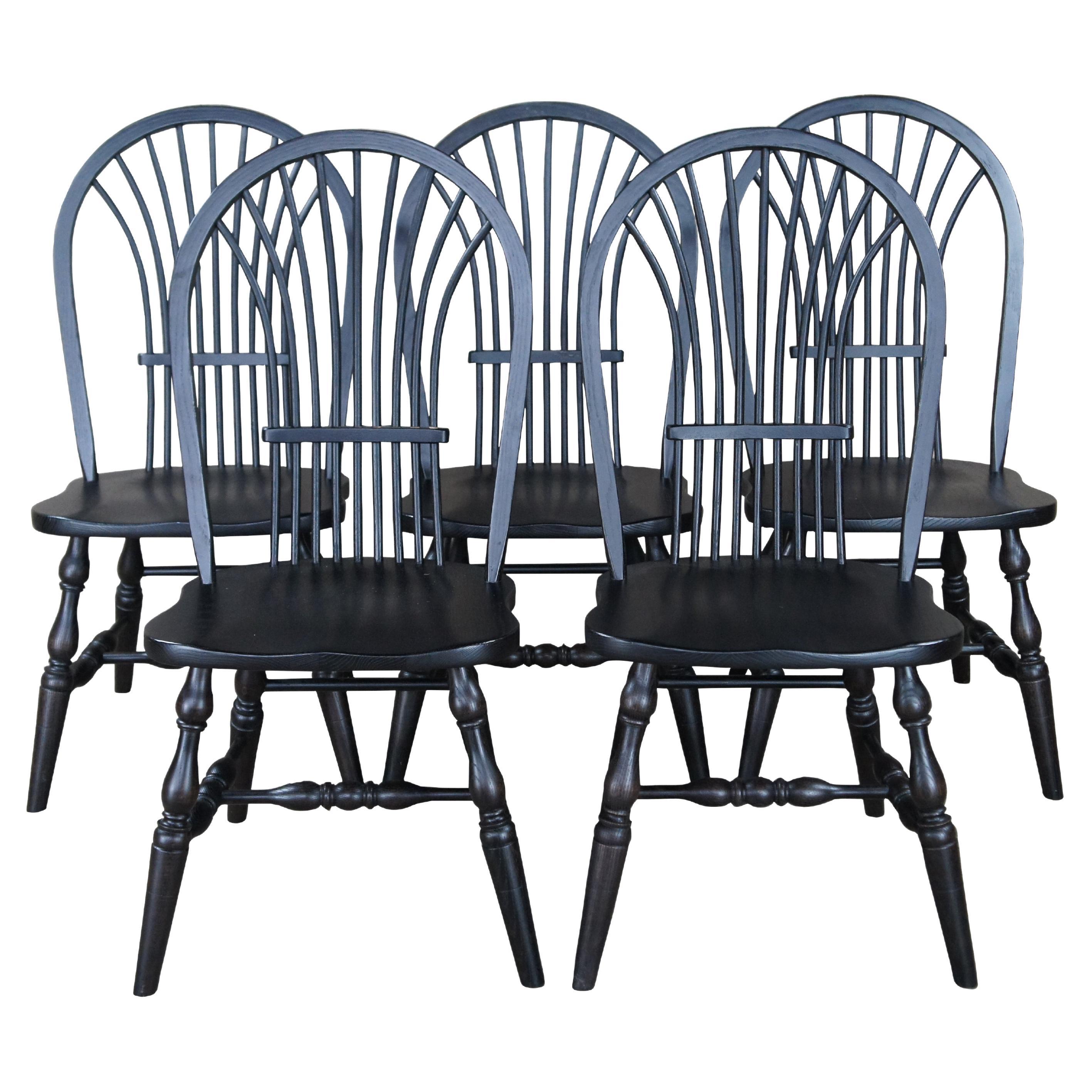 5 Vintage Windsor Country Farmhouse Black Oak Bentwood Slat Dining Chairs