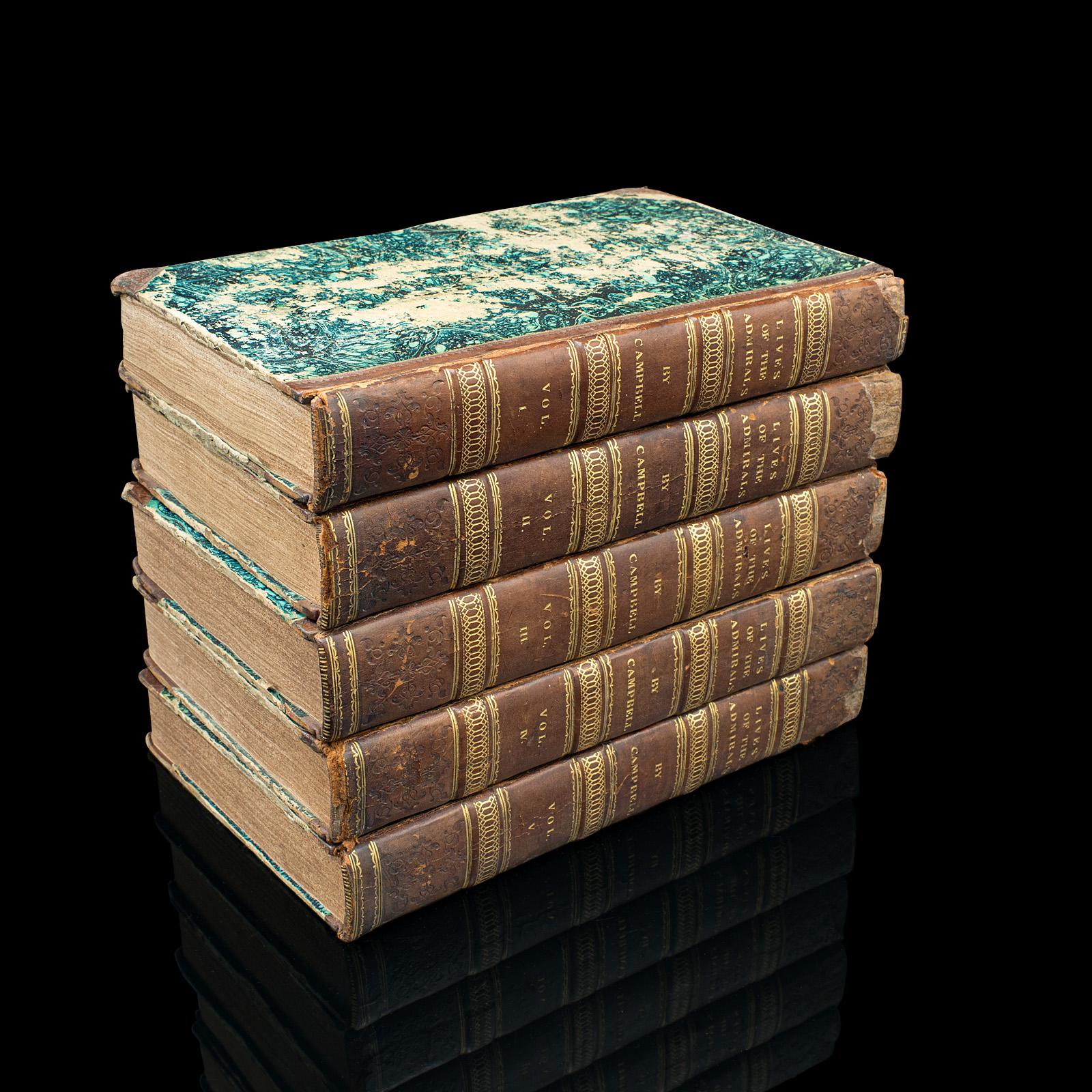 This is a set of 5 antique volumes, Lives of the British Admirals by Dr John Campbell et al. An English language, hard bound naval interest book, published in London, 1817.

Includes the original 4 volumes by Scottish historian Dr. John Campbell,