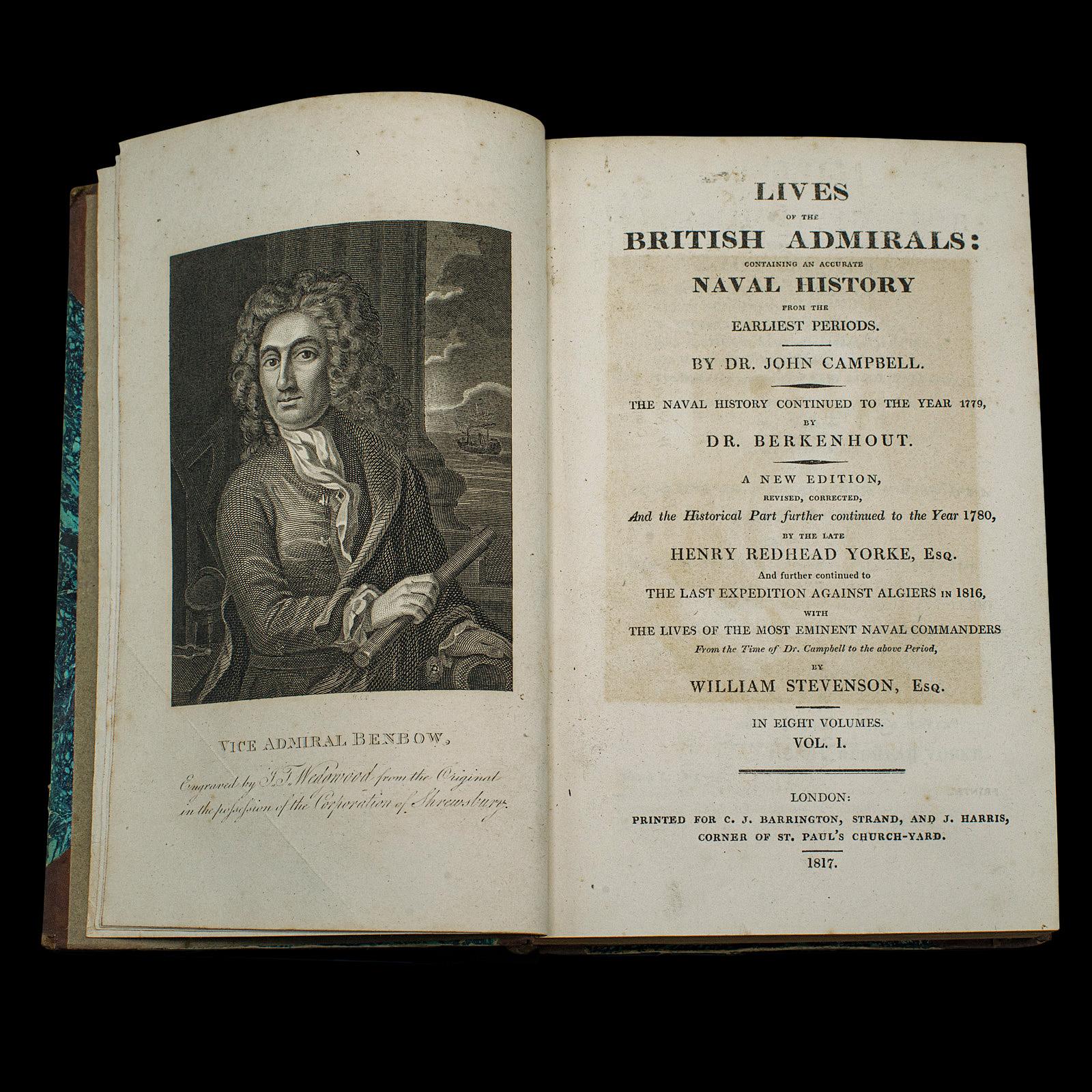 Georgien 5 Vols, Antique Books, Lives of the British Admirals, anglais, géorgien, 1817 en vente