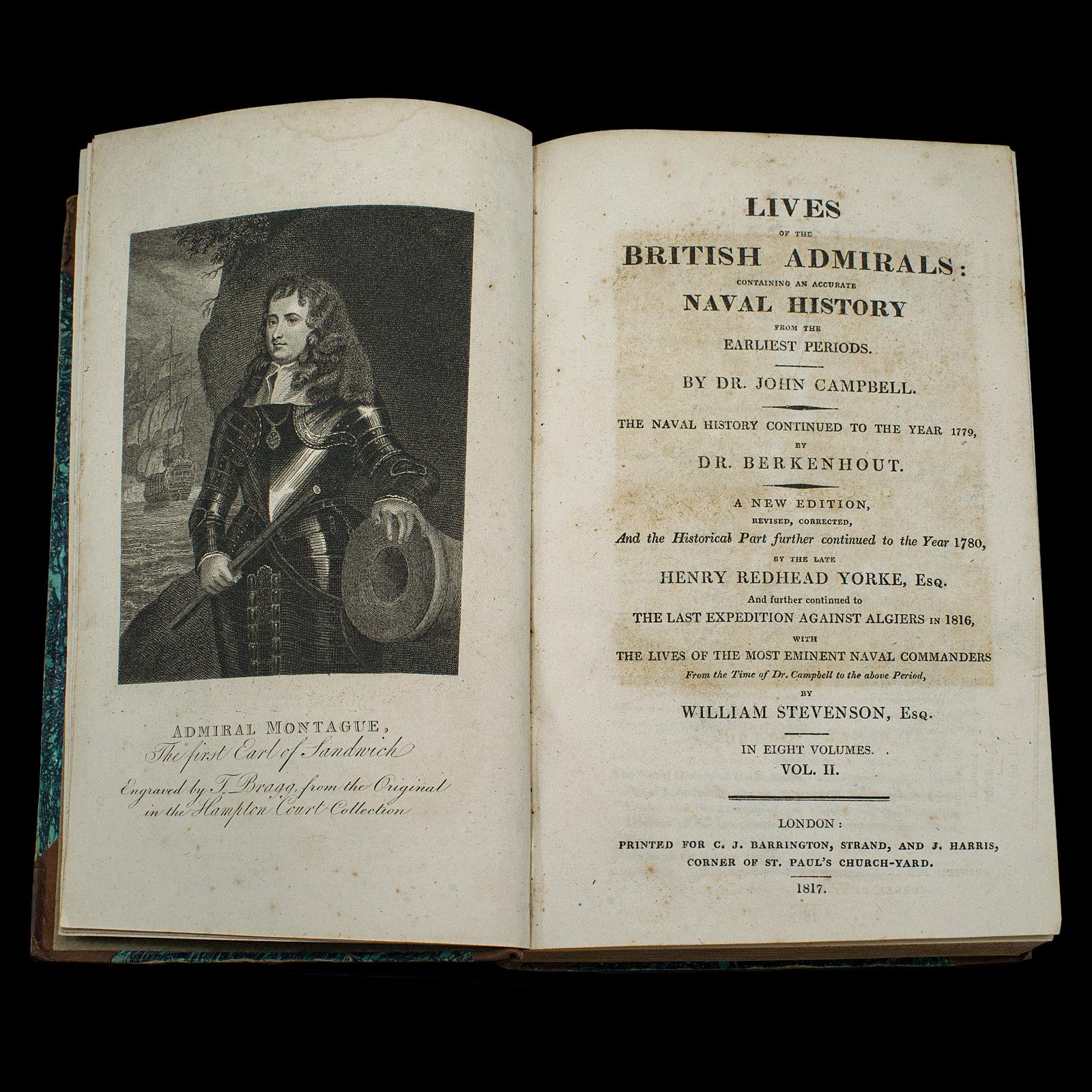 Britannique 5 Vols, Antique Books, Lives of the British Admirals, anglais, géorgien, 1817 en vente