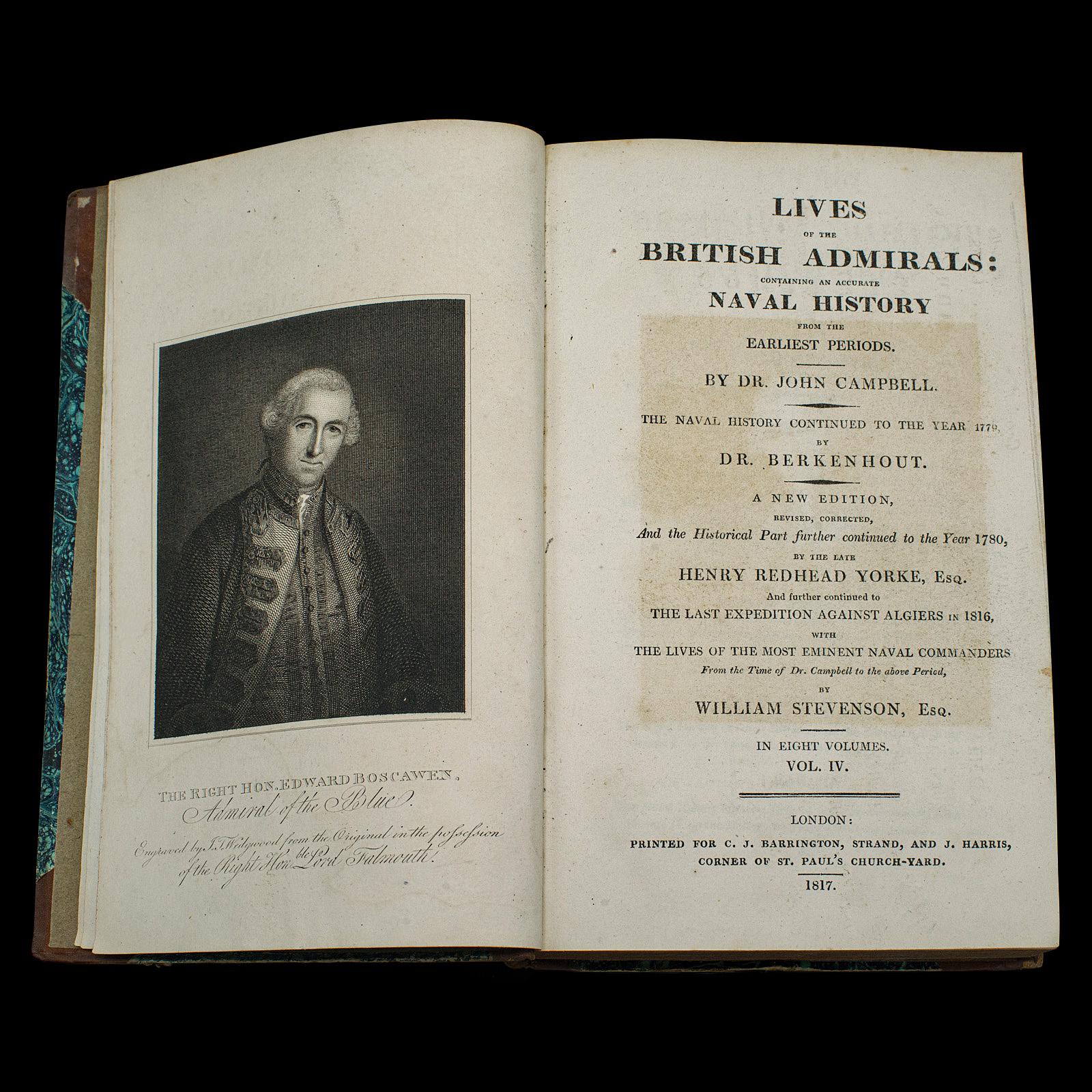 XIXe siècle 5 Vols, Antique Books, Lives of the British Admirals, anglais, géorgien, 1817 en vente