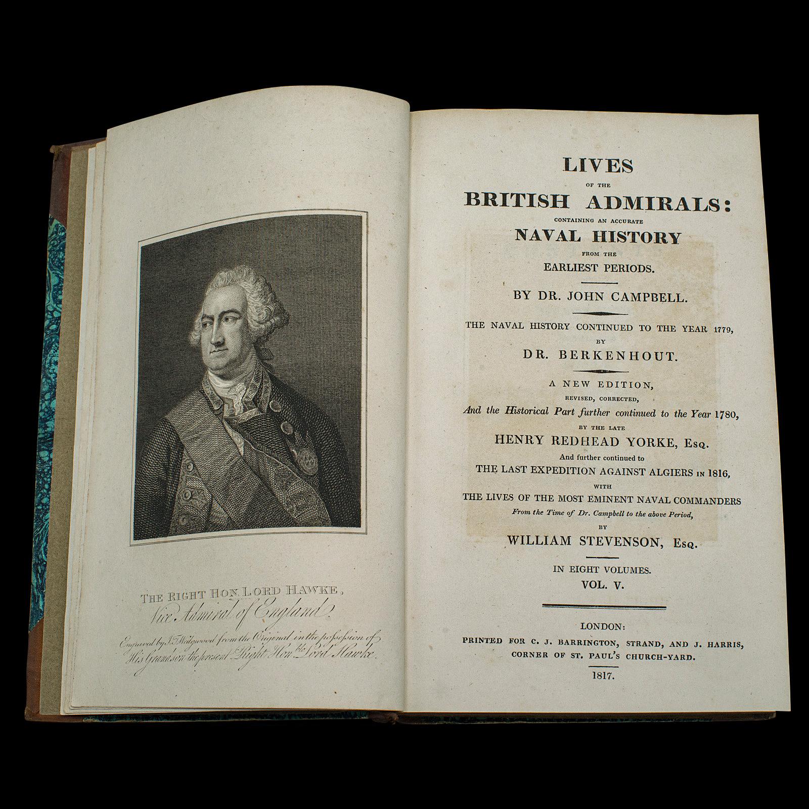 Papier 5 Vols, Antique Books, Lives of the British Admirals, anglais, géorgien, 1817 en vente