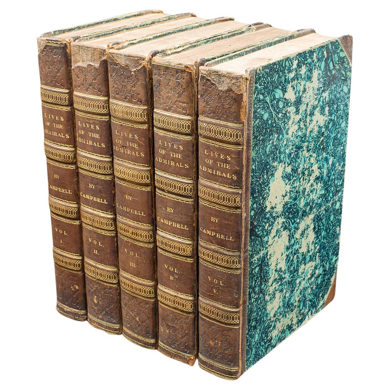 5 Bände, antike Bücher, Lives of the British Admirals, Englisch, georgianisch, 1817