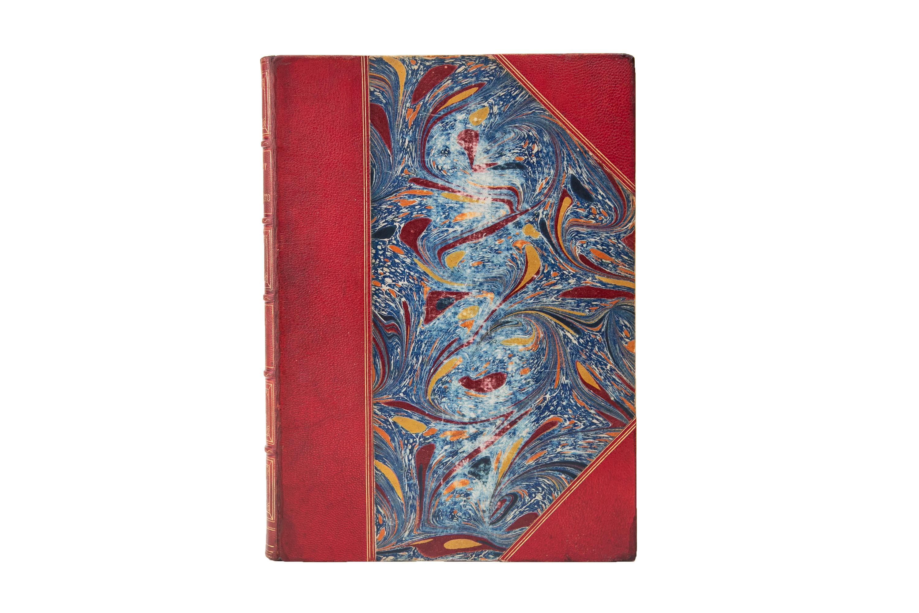 5 Volumes. Alexandre Dumas, The Count of Monte-Cristo. Bound in 3/4 red morocco and marbled boards, bordered in gilt-tooling. The spines display raised bands and gilt-tooled panel details. The top edges are gilt with marbled endpapers. Includes