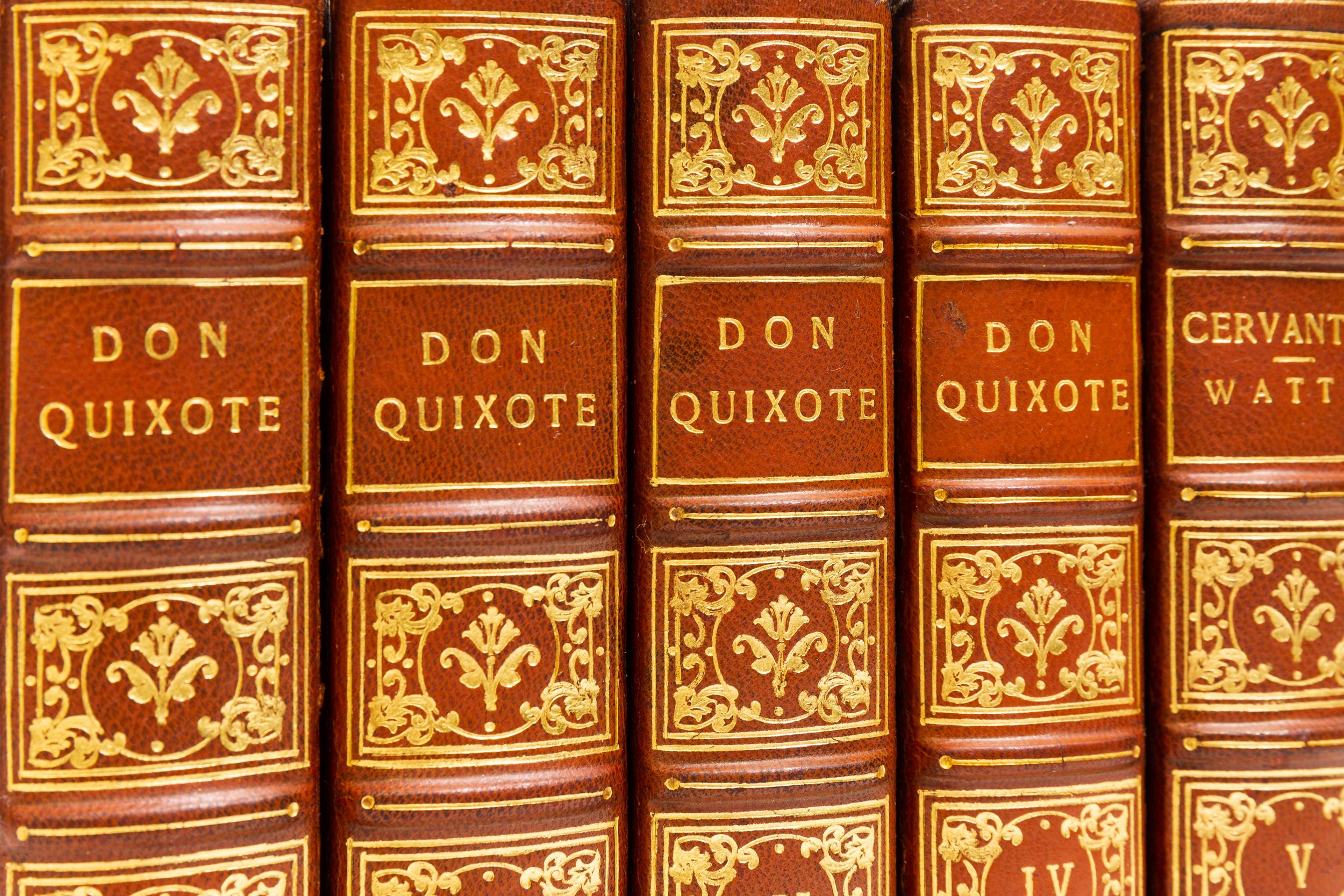 5 Volumes. Cervantes & Watts. Don Quixote and The Life of Cervantes.
Bound in 3/4 tan morocco, linen boards, top edges gilt, raised bands, ornate gilt on spines. Published: London: Adam & Charles Black 1895.