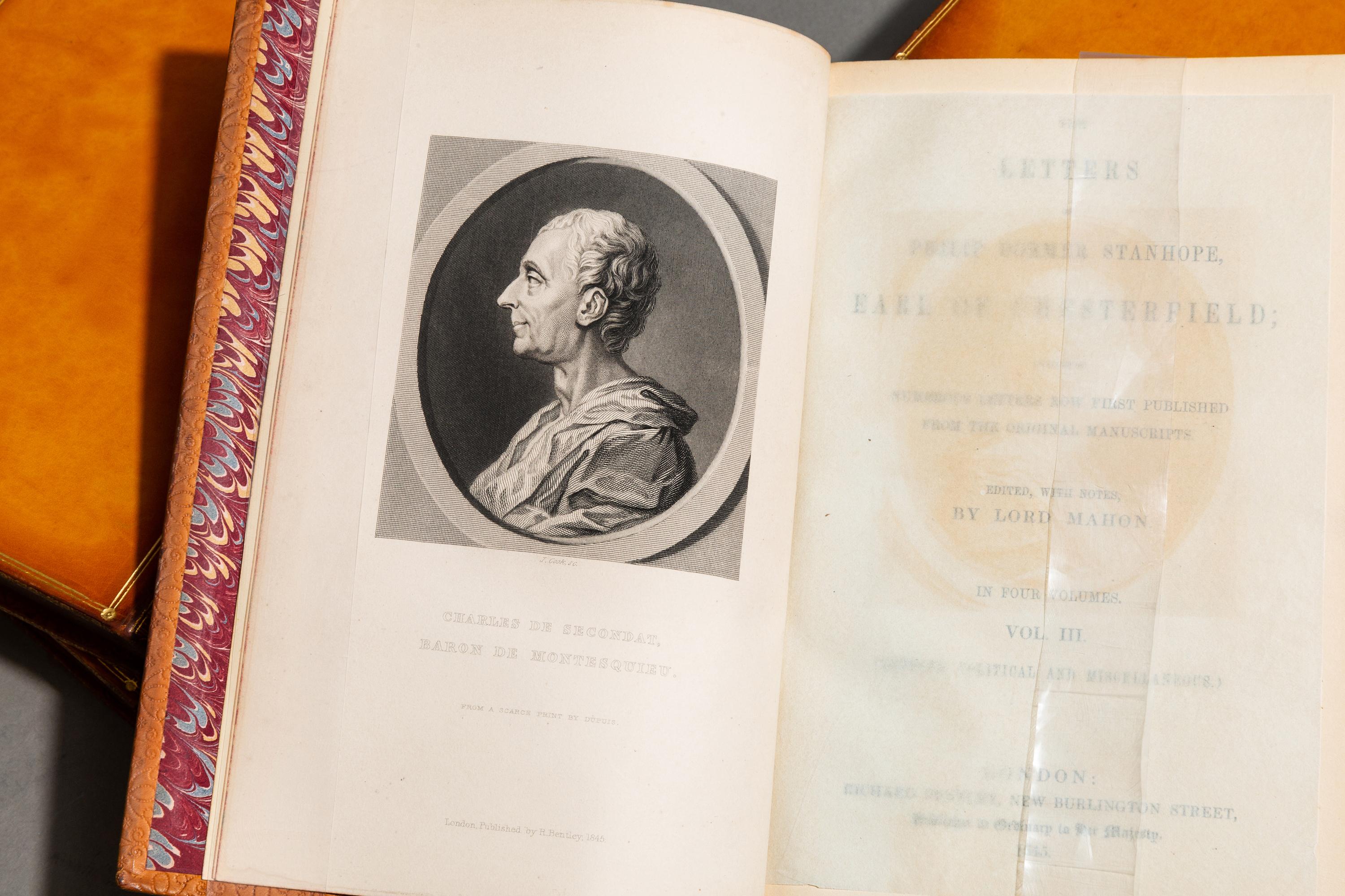 5 Volumes. Lord Mahon. The Letters of Philip Stanhope, Earl of Chesterfield. Including numerous letters now first published from the original manuscripts. Edited with notes by Mahon. 3 volumes letters and 1 volume miscellaneous. With frontispiece.