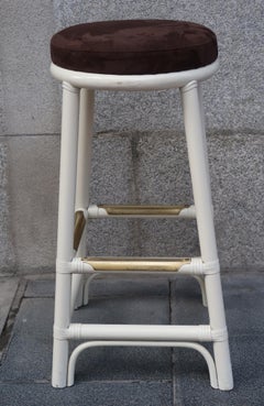 5 White Lacquered Bamboo, Brass and Suede Midcentury Italian Stools, 1970