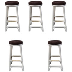 5 White Lacquered Bamboo, Brass and Suede Midcentury Italian Stools, 1970