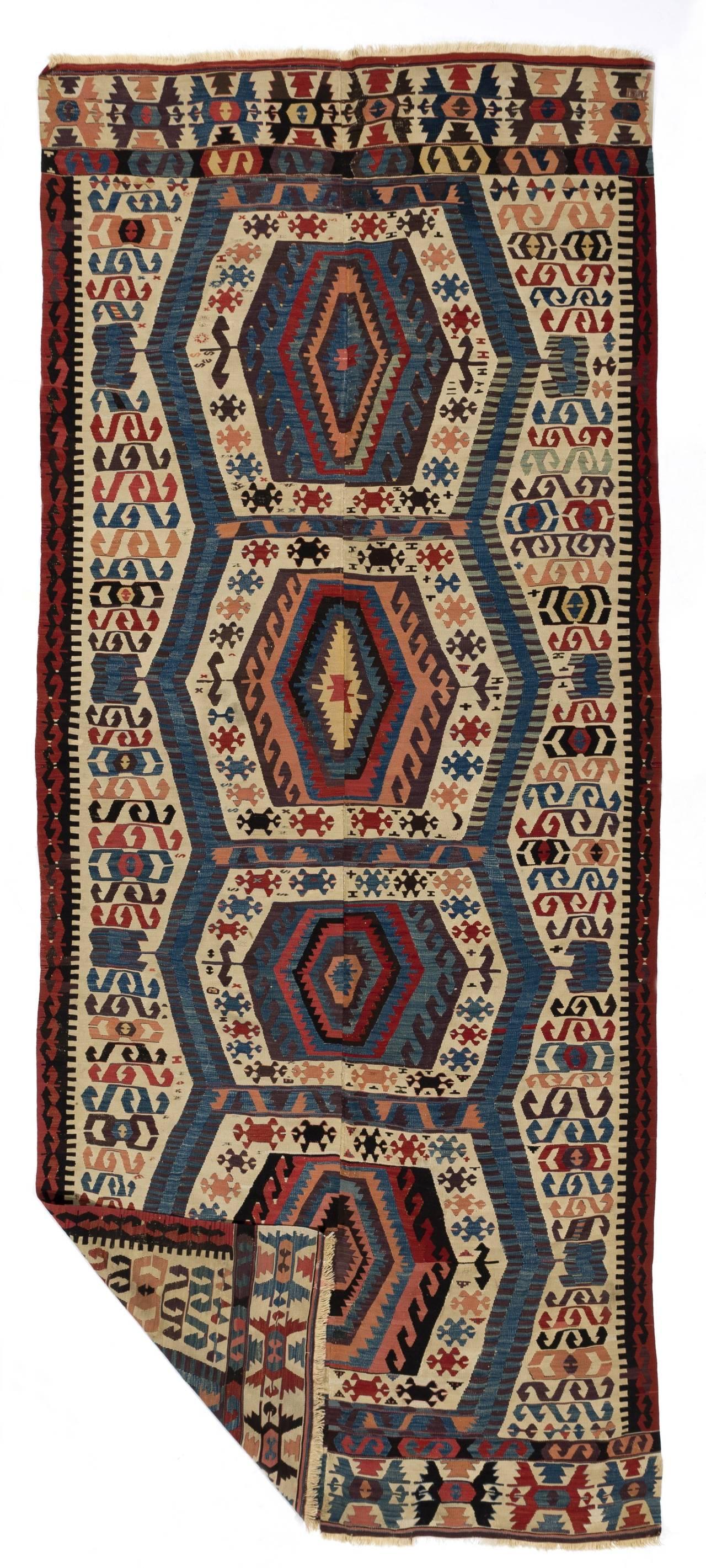 Hand-Woven 5' x 12'3'' Antique Ottoman Kilim from Aydın, Ca 1800 For Sale