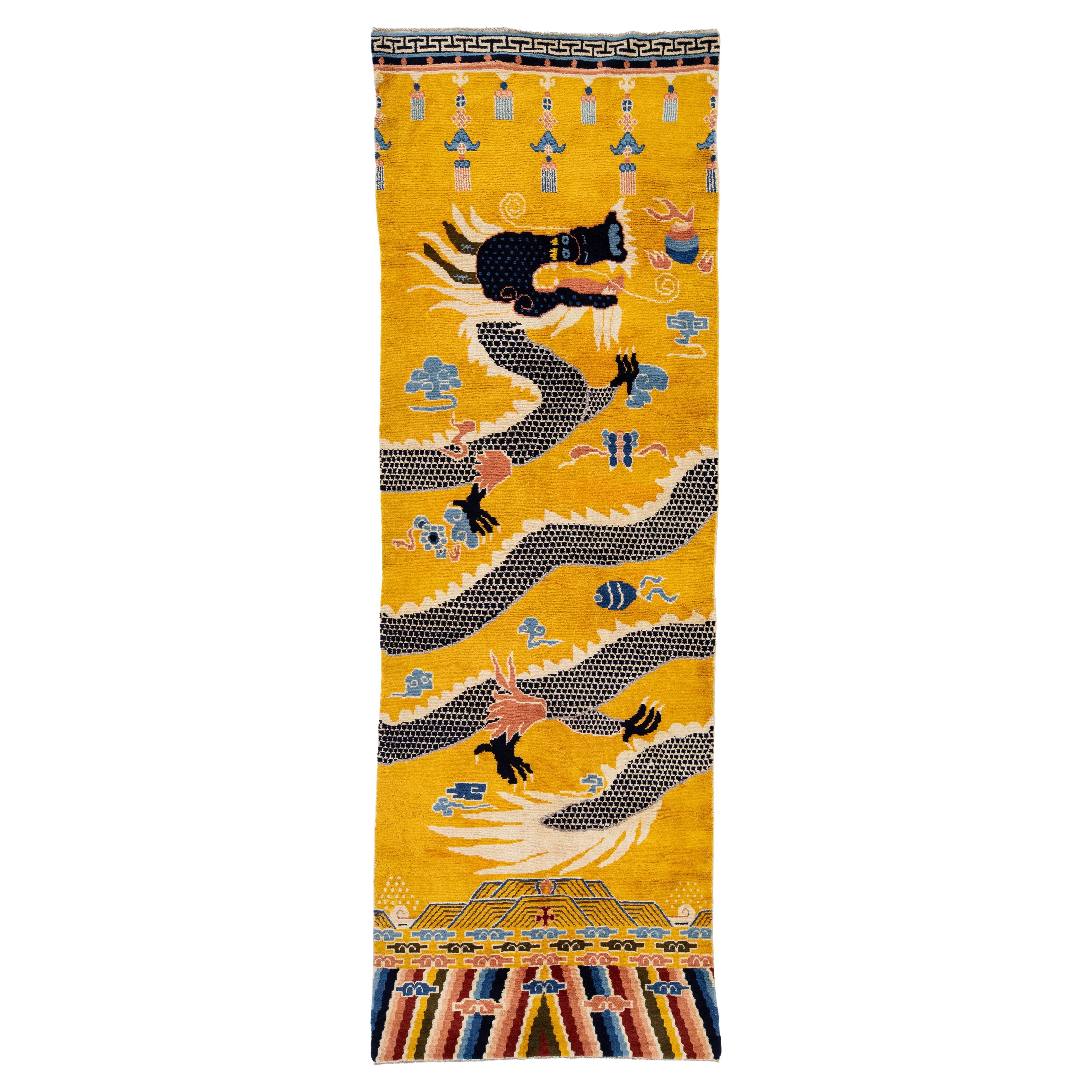 5 x 14 Antique Chinese Rug – Imperial Yellow Wool Runner with Five-Clawed Dragon