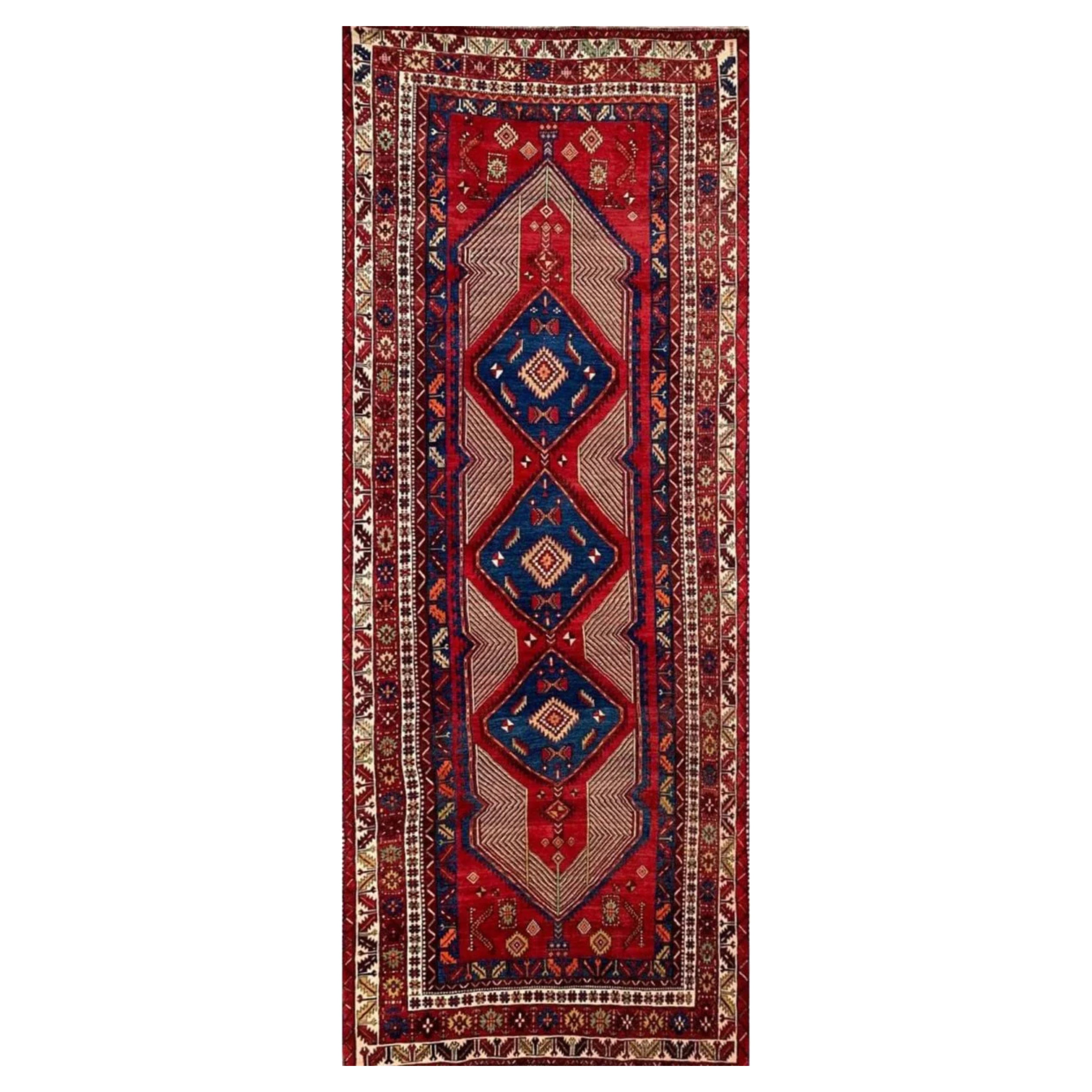 5 x 14 Hand-Knotted Old Heriz Runner Rug – Wool, Bold Medallion Desi