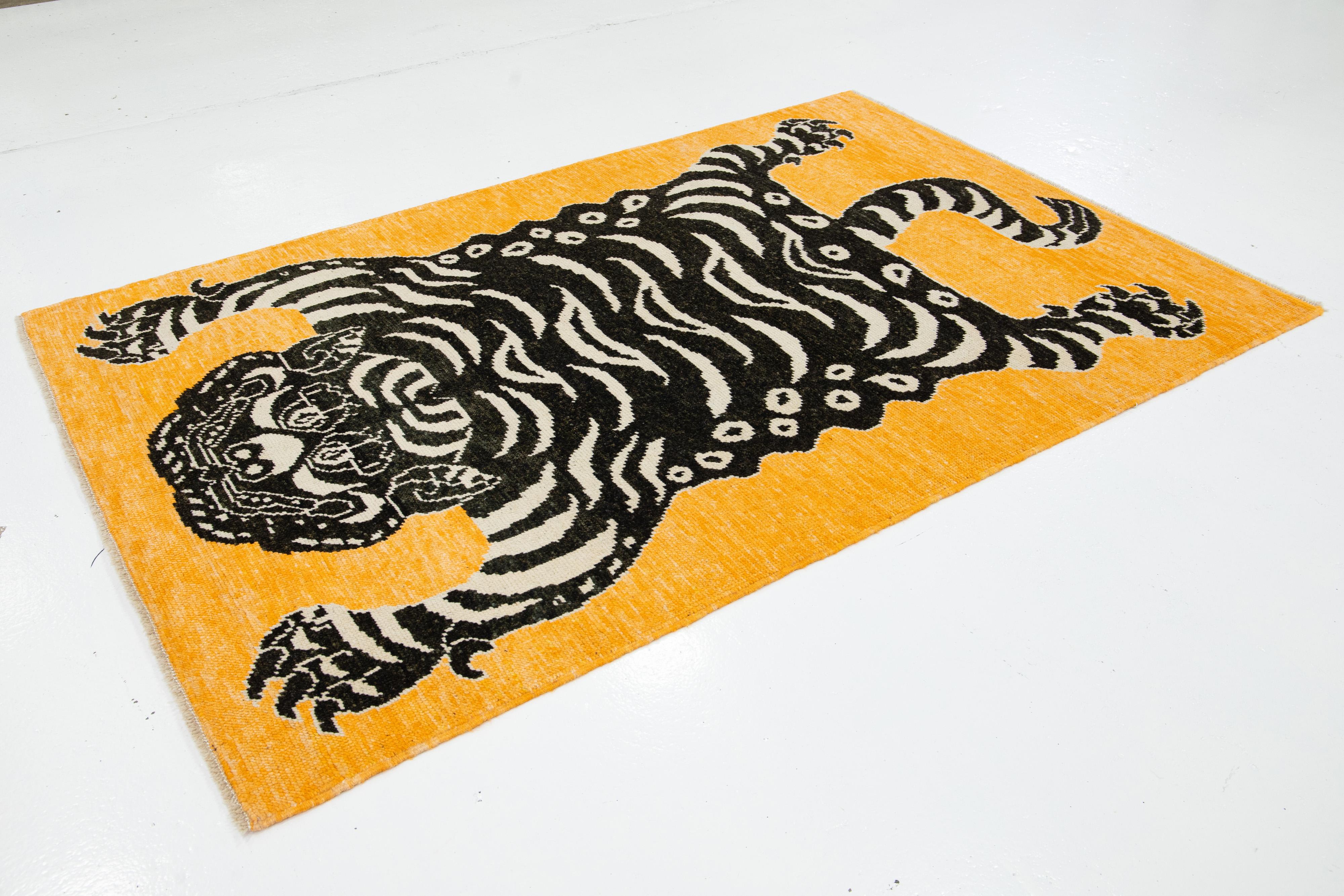 Art Deco 5 x 7 Hand Knotted Contemporary Wool Rug In Goldenrod Color with a Tiger Design For Sale