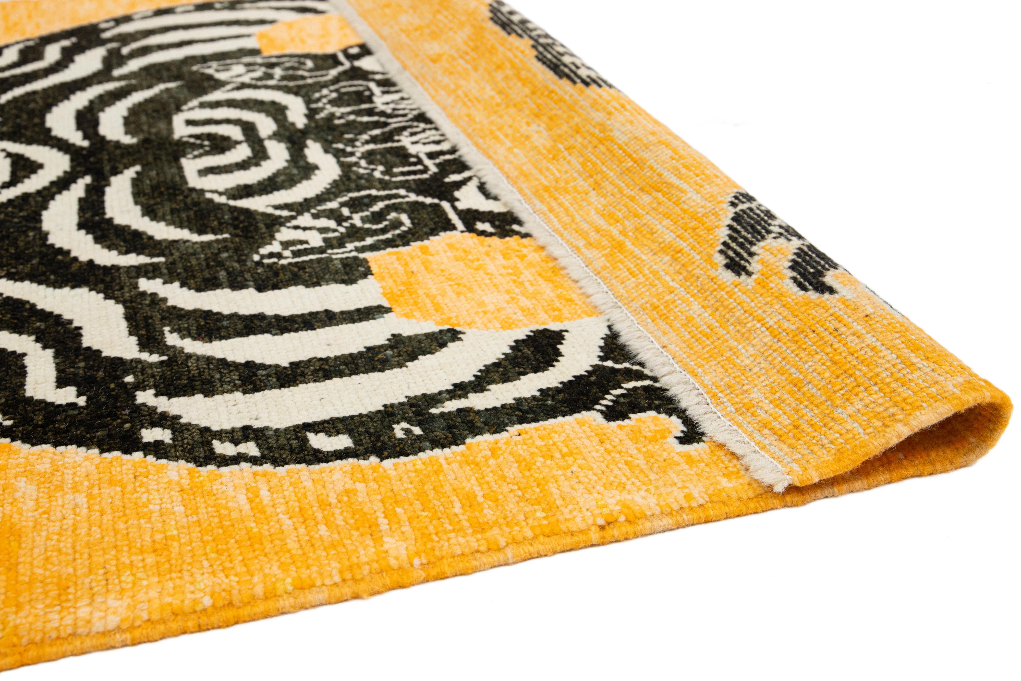 Hand-Knotted 5 x 7 Hand Knotted Contemporary Wool Rug In Goldenrod Color with a Tiger Design For Sale