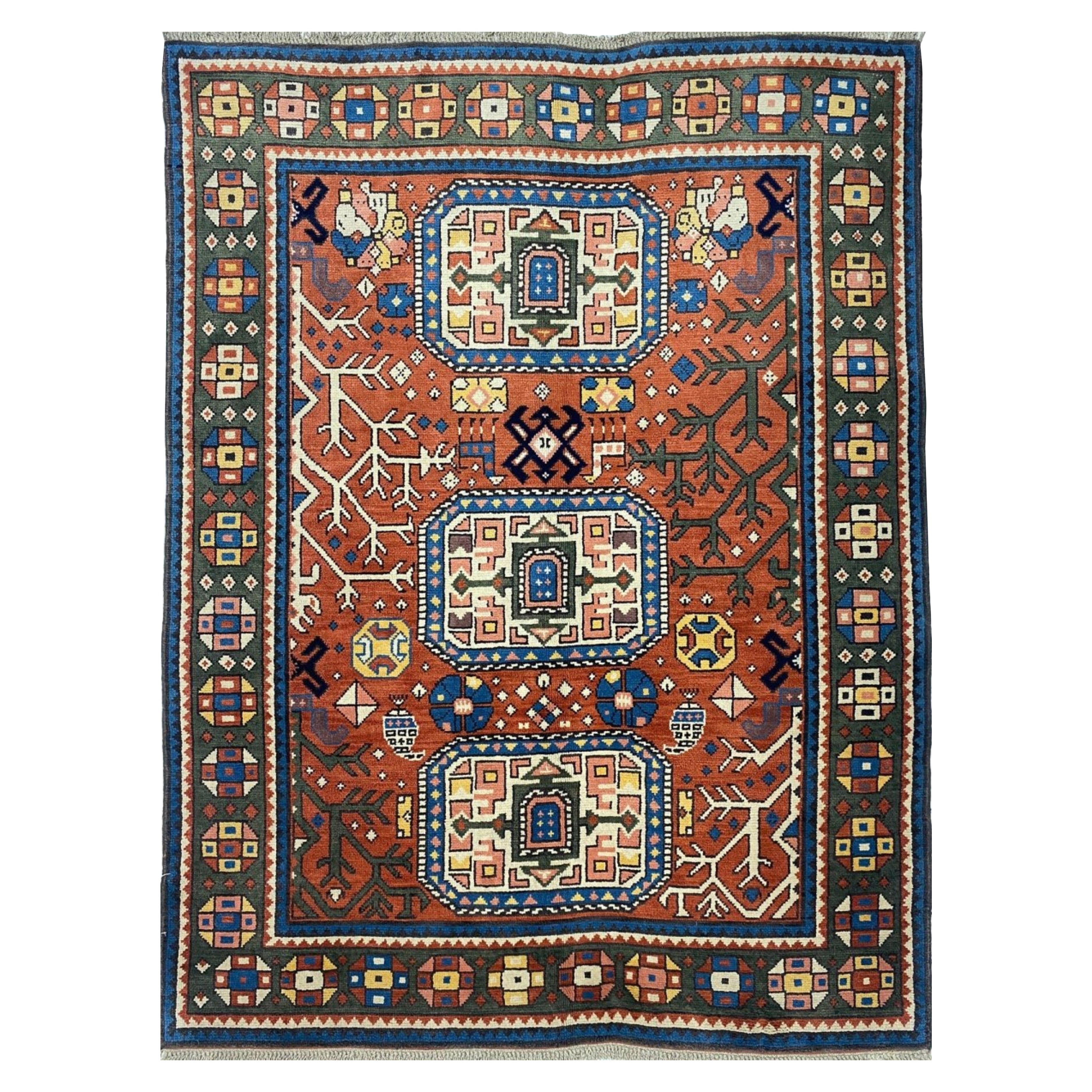 5 x 7 Hand-Knotted Wool Area Russian Carpet Old Kazak Rug im Angebot