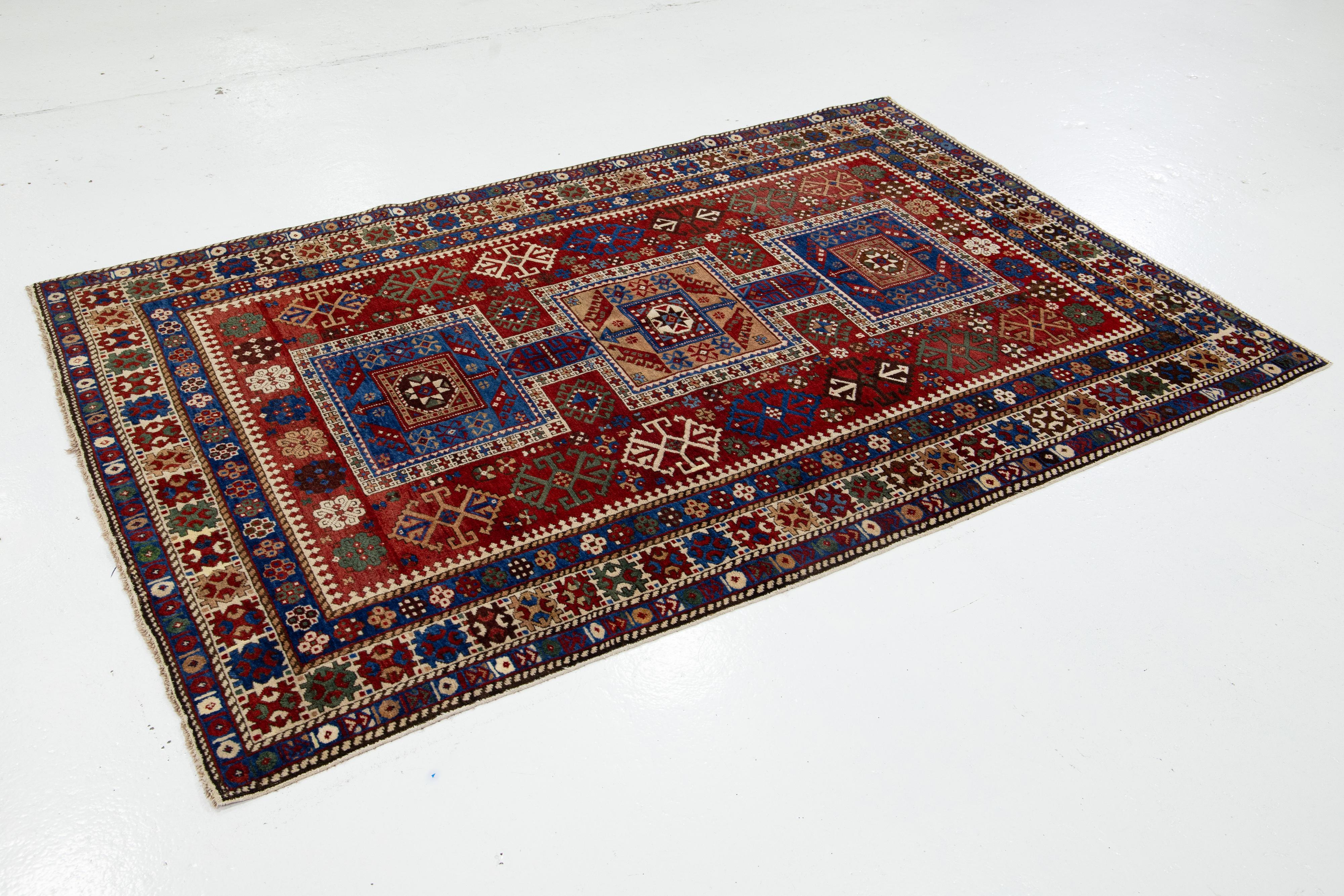 Hand-Knotted 5 x 7 Vintage Caucasian Red Wool Rug With Allover Geometric Motif For Sale