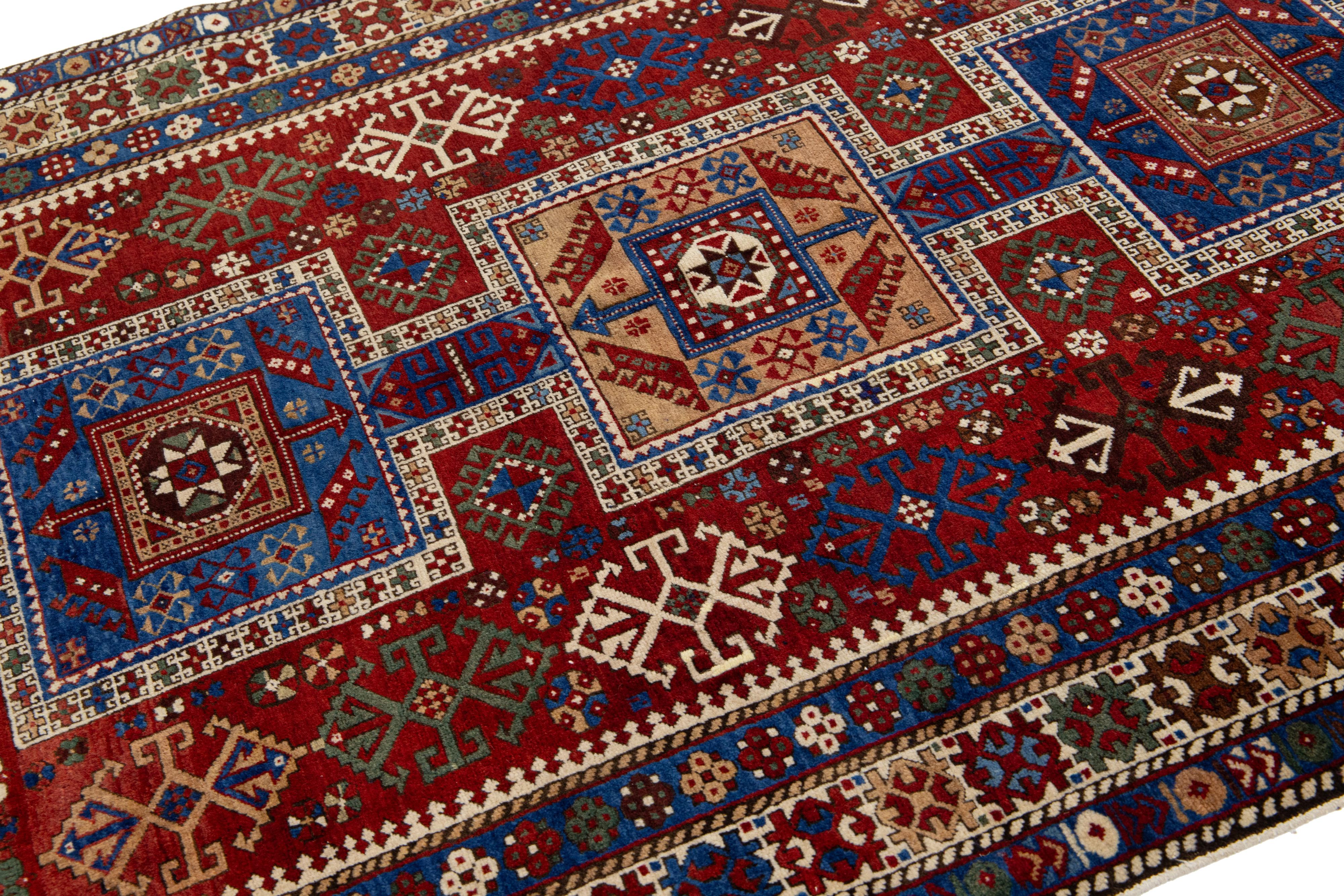 5 x 7 Vintage Caucasian Red Wool Rug With Allover Geometric Motif In Excellent Condition For Sale In Norwalk, CT