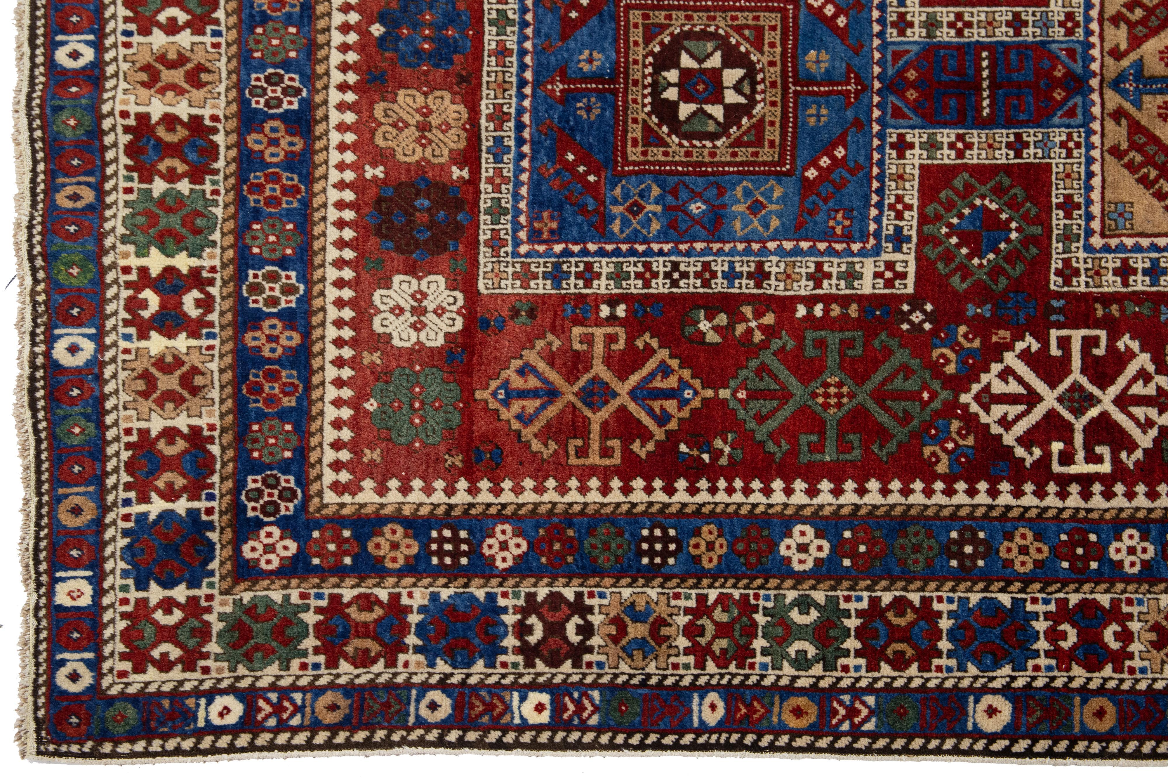 5 x 7 Vintage Caucasian Red Wool Rug With Allover Geometric Motif For Sale 1