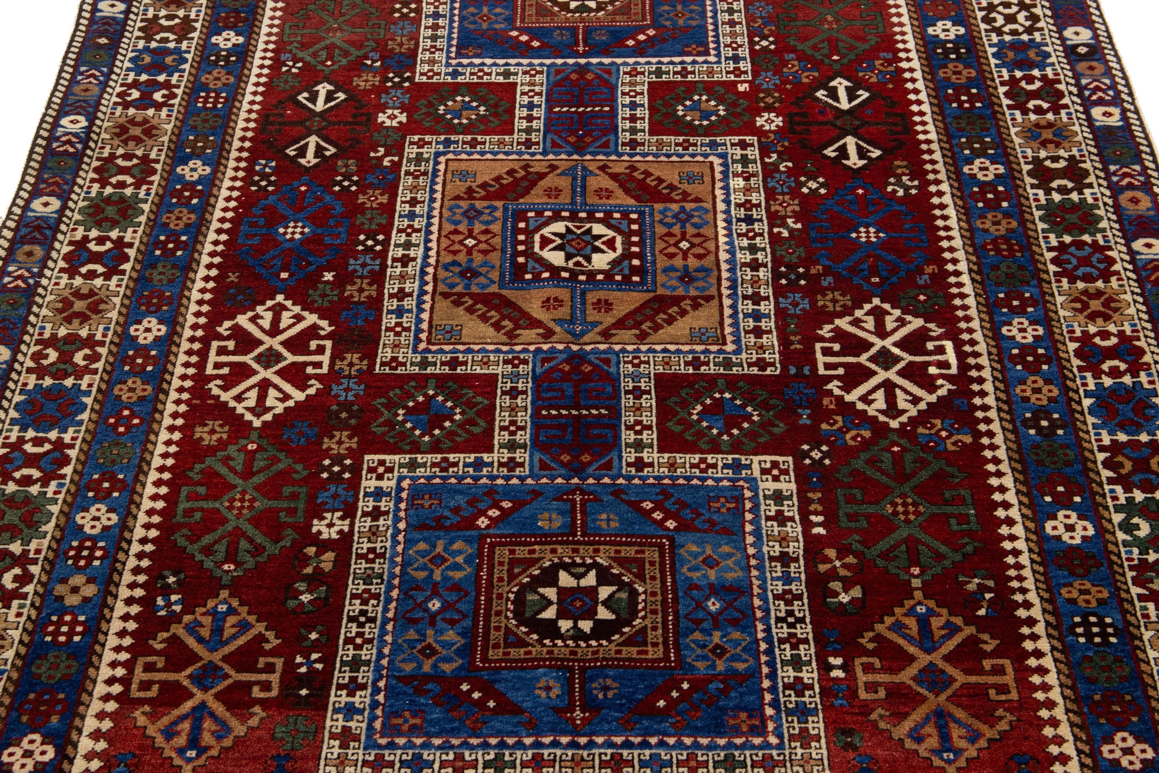 5 x 7 Vintage Caucasian Red Wool Rug With Allover Geometric Motif For Sale 2