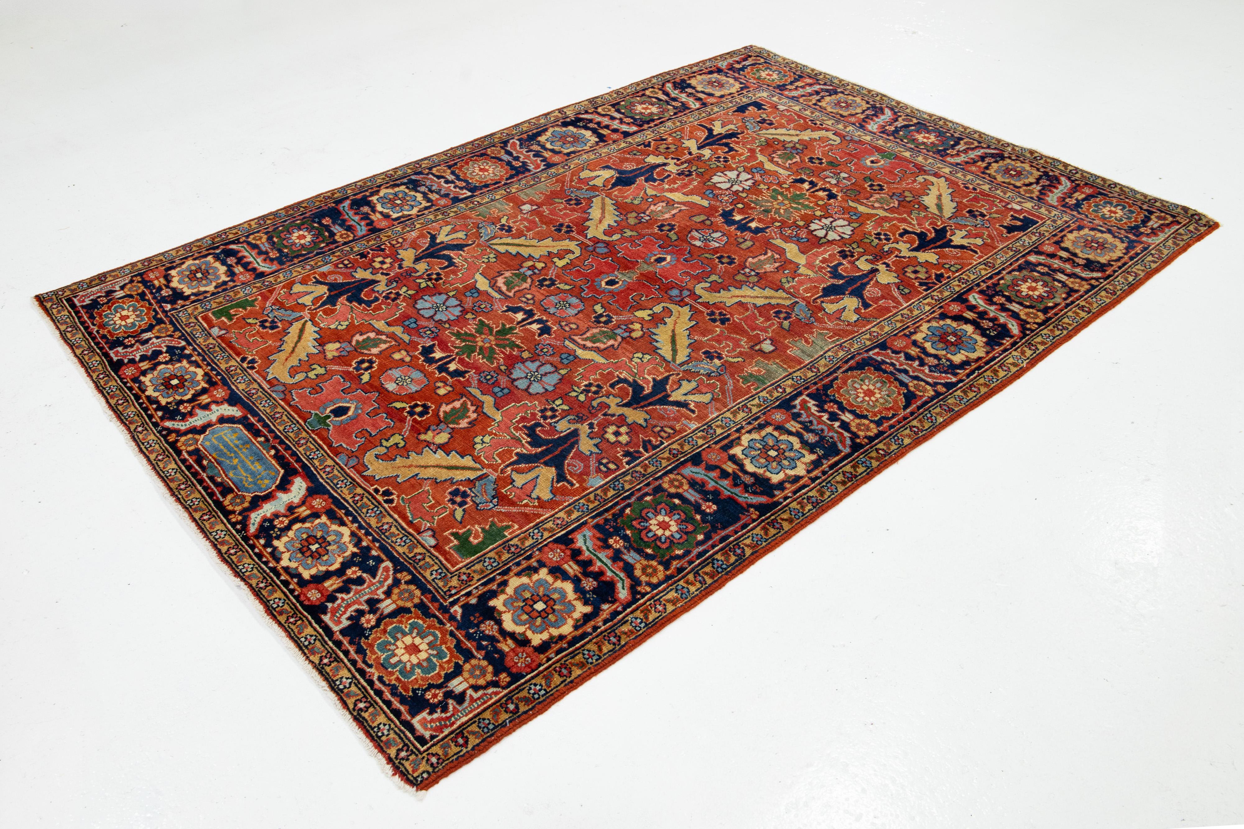 Heriz Serapi 5 x 8 Antiquities Persian Heriz Wool Rug Handmade In Rust Color With Allover Design en vente