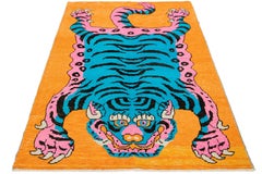 5 x 9 Hand Knotted Orange Modern Wool Rug with a Tiger Motif