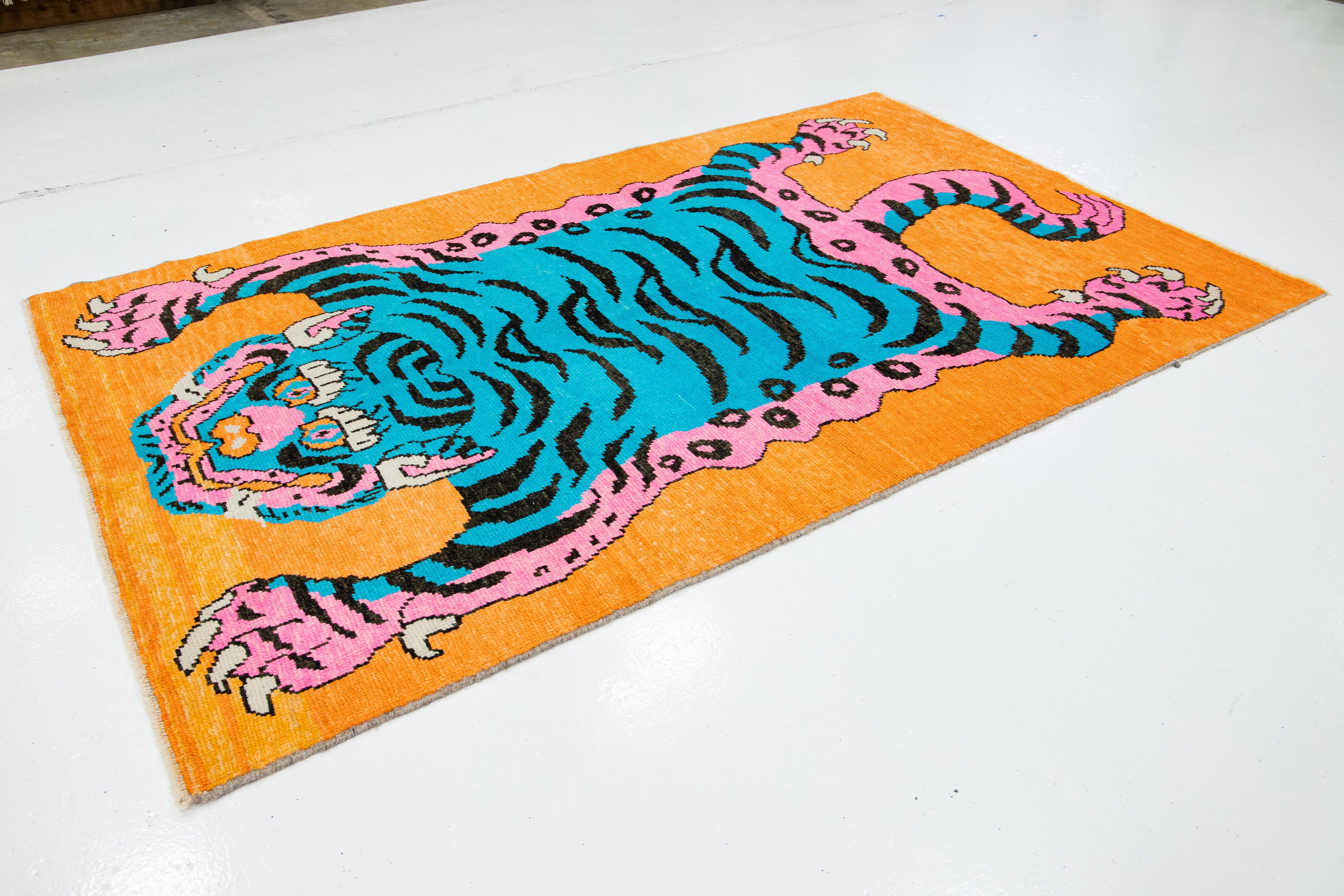 Hand-Knotted 5 x 9 Hand Knotted Orange Modern Wool Rug with a Tiger Motif For Sale