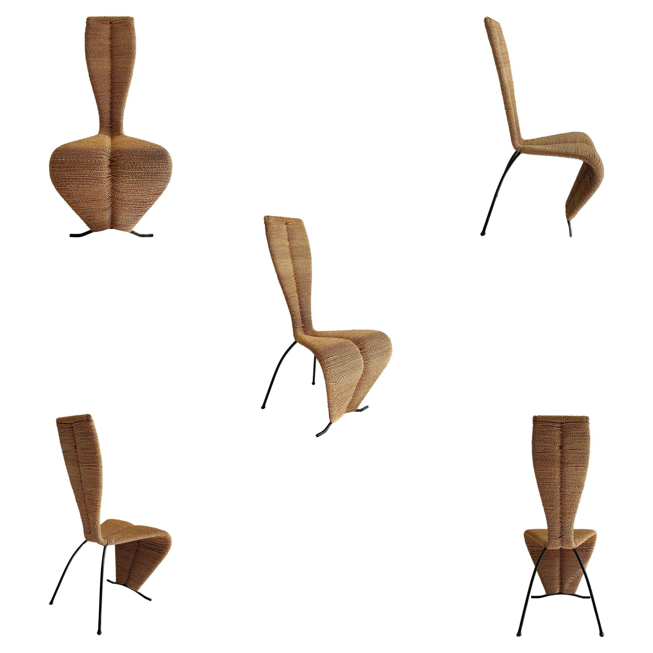 5 x Hourglass Rope Dining Chairs Tom Dixon Style Metal Frame UK 1980s Postmodern For Sale