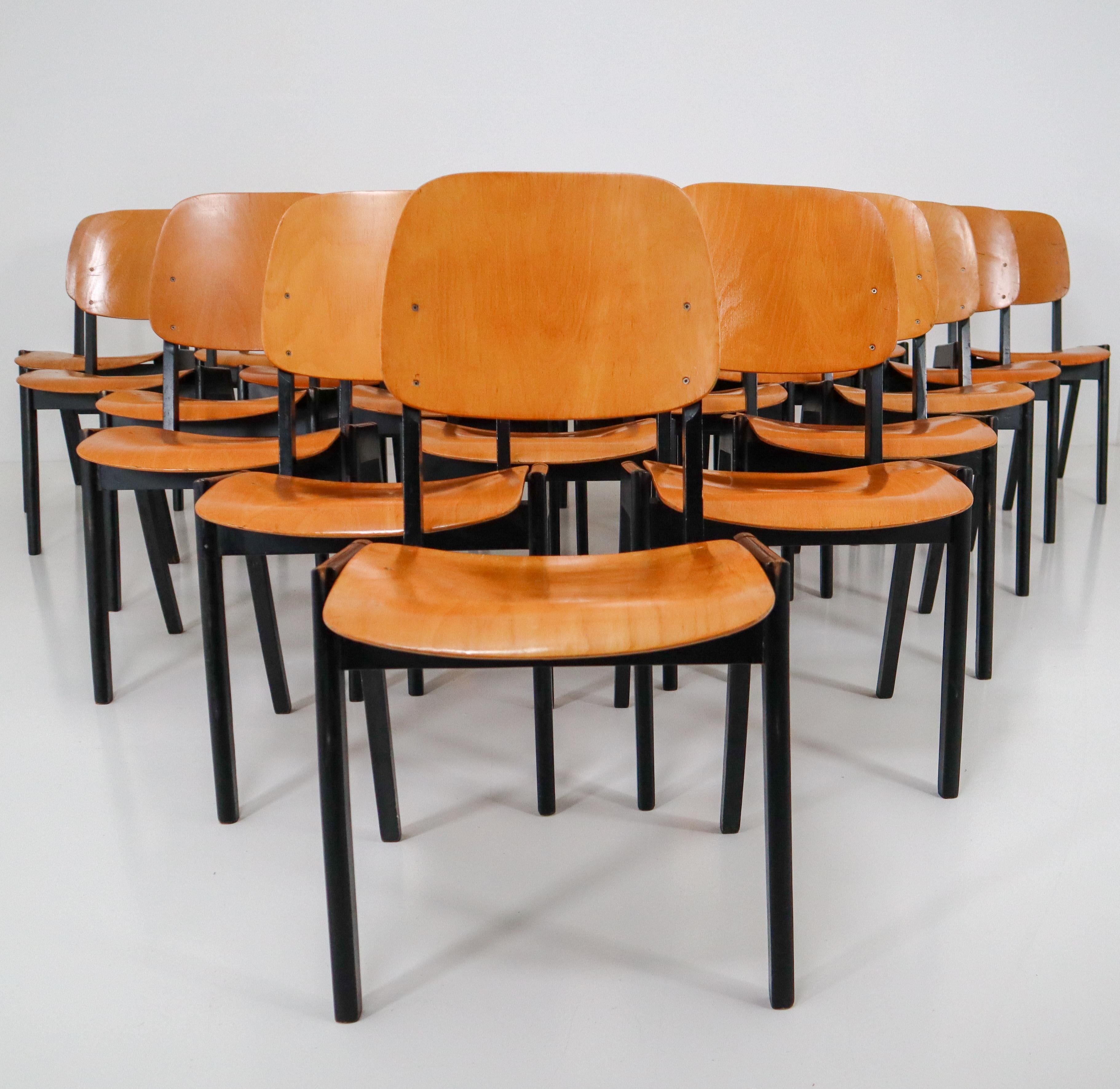 A set of 50 bicolored stacking chairs designed in the manner of Austrian architect Roland Rainer manufactured in Austria, circa 1960 (late 1950s or early 1960s). They are made of beechwood with partly blond-brown painted seats and backs. The tone of