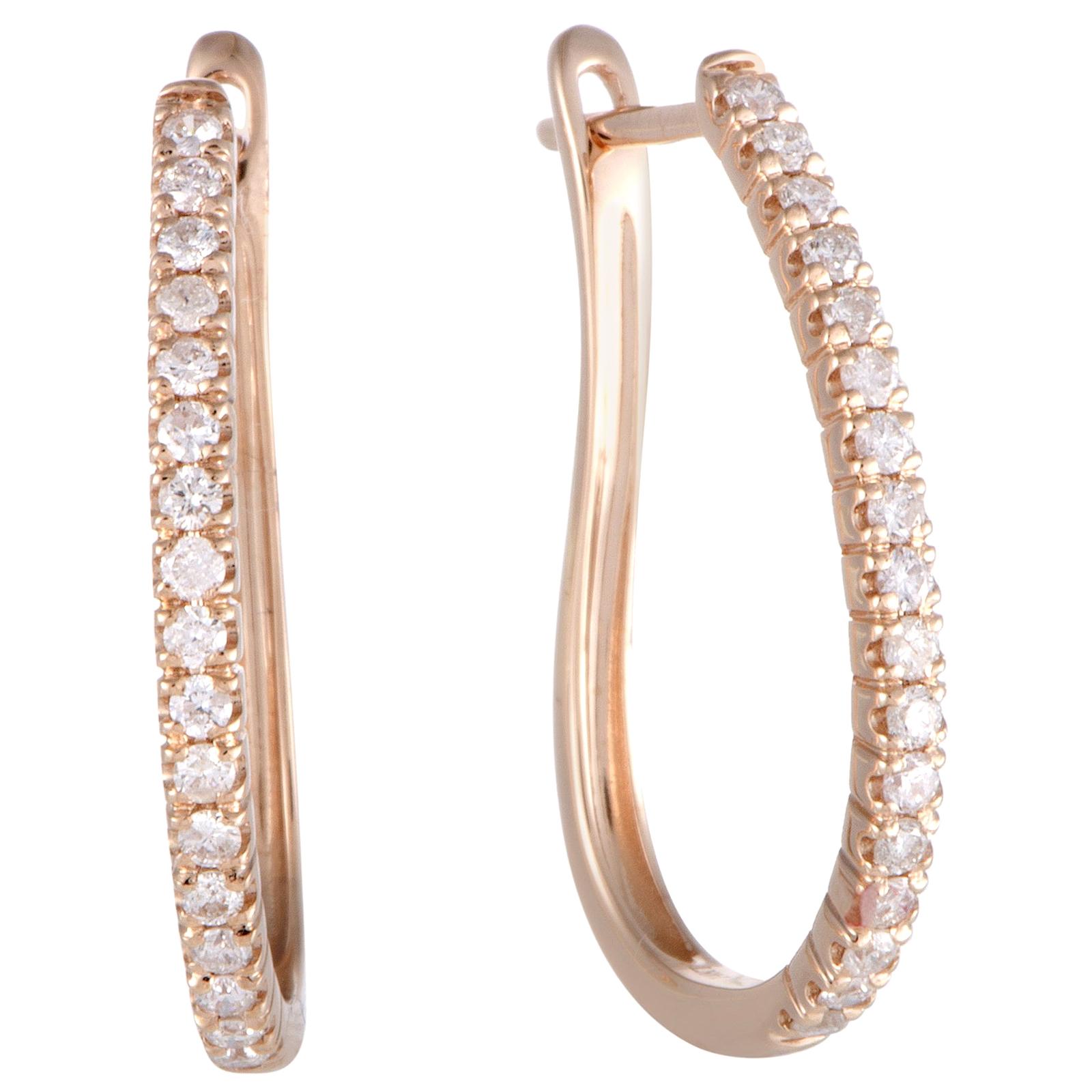 .50 Carat 14 Karat Rose Gold Diamond Oval Hoop Earrings For Sale