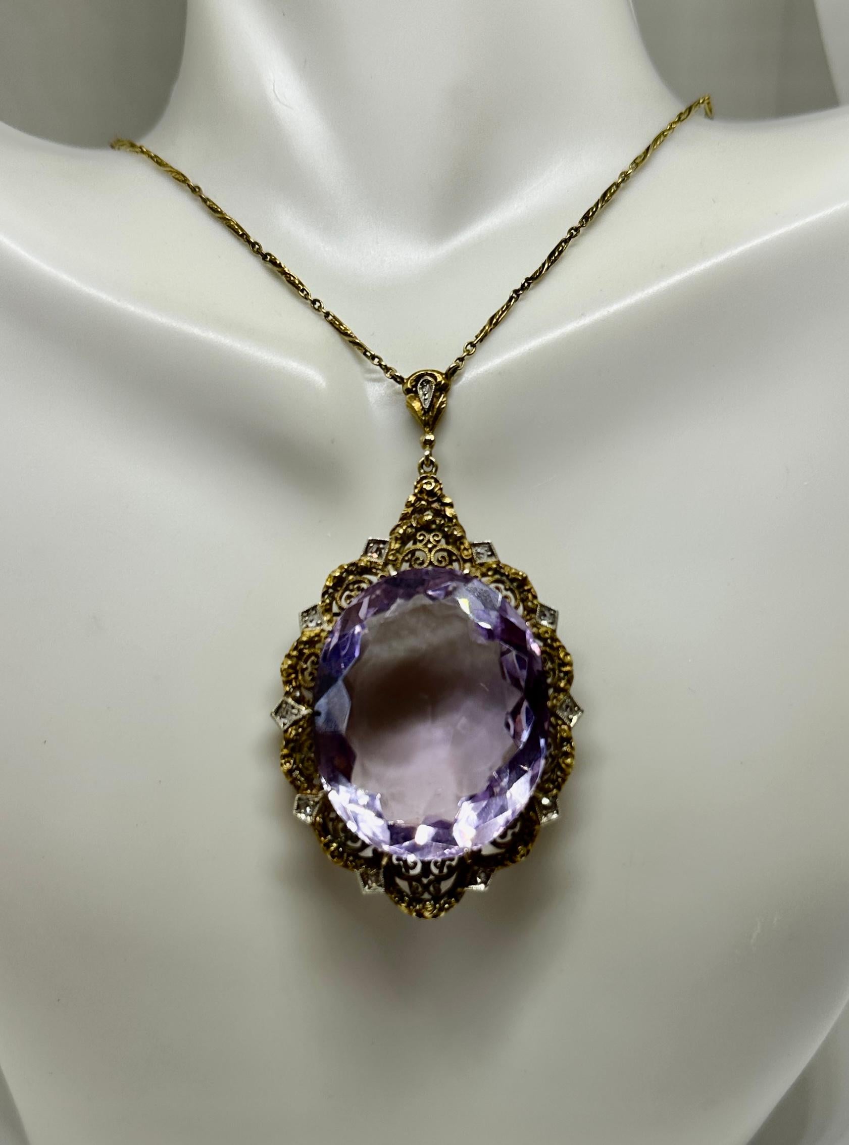 50 Carat Amethyst 11 Rose Cut Diamond Pendant Necklace Victorian 14 Karat Gold For Sale 5