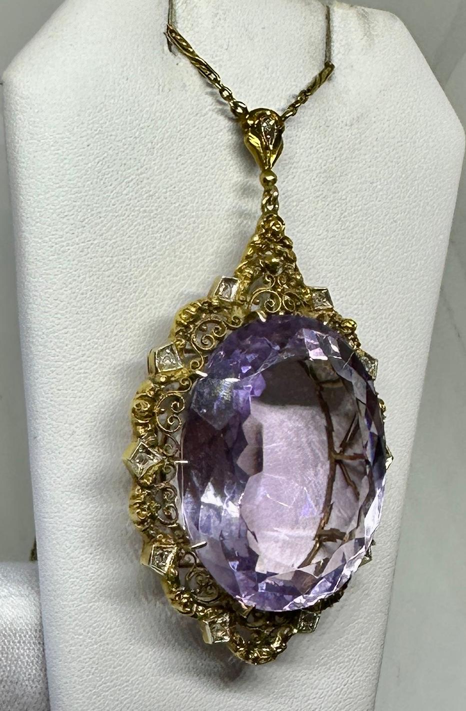 50 Carat Amethyst 11 Rose Cut Diamond Pendant Necklace Victorian 14 Karat Gold For Sale 6