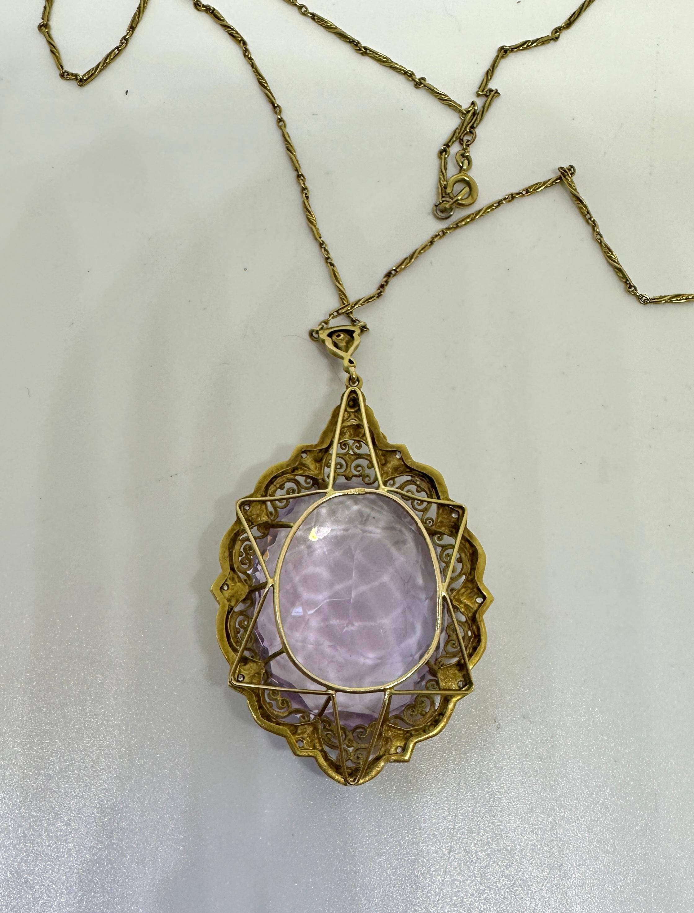 50 Carat Amethyst 11 Rose Cut Diamond Pendant Necklace Victorian 14 Karat Gold For Sale 7
