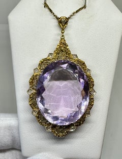 50 Carat Amethyst 11 Rose Cut Diamond Pendant Necklace Victorian 14 Karat Gold