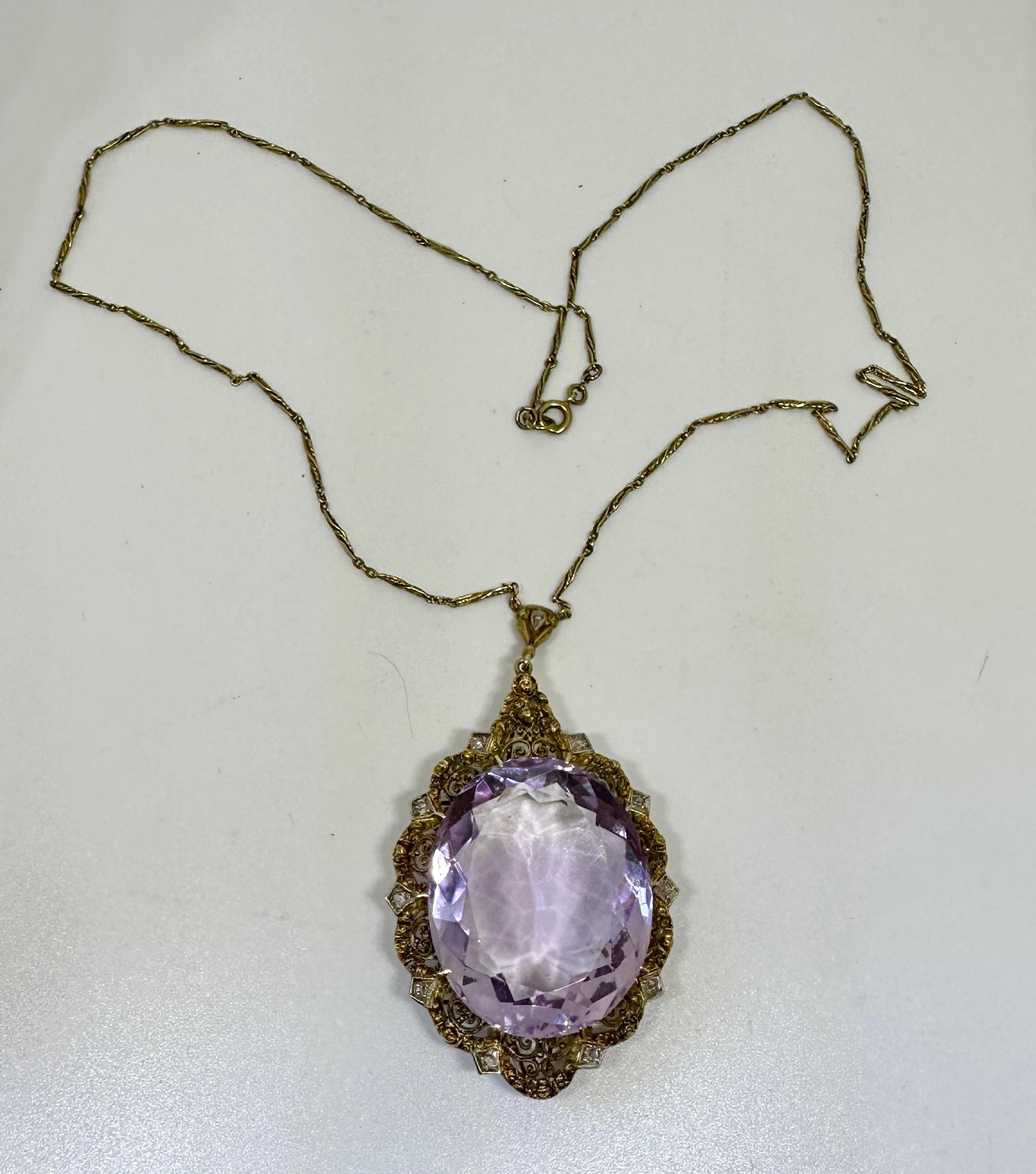 Oval Cut 50 Carat Amethyst 11 Rose Cut Diamond Pendant Necklace Victorian 14 Karat Gold For Sale