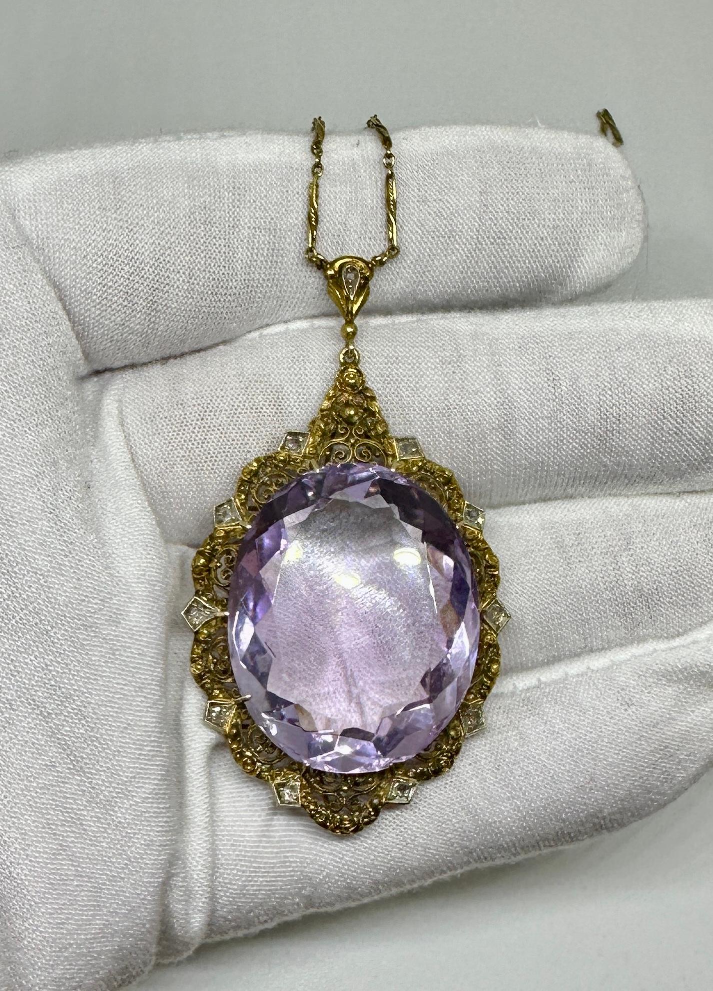 50 Carat Amethyst 11 Rose Cut Diamond Pendant Necklace Victorian 14 Karat Gold In Excellent Condition For Sale In New York, NY