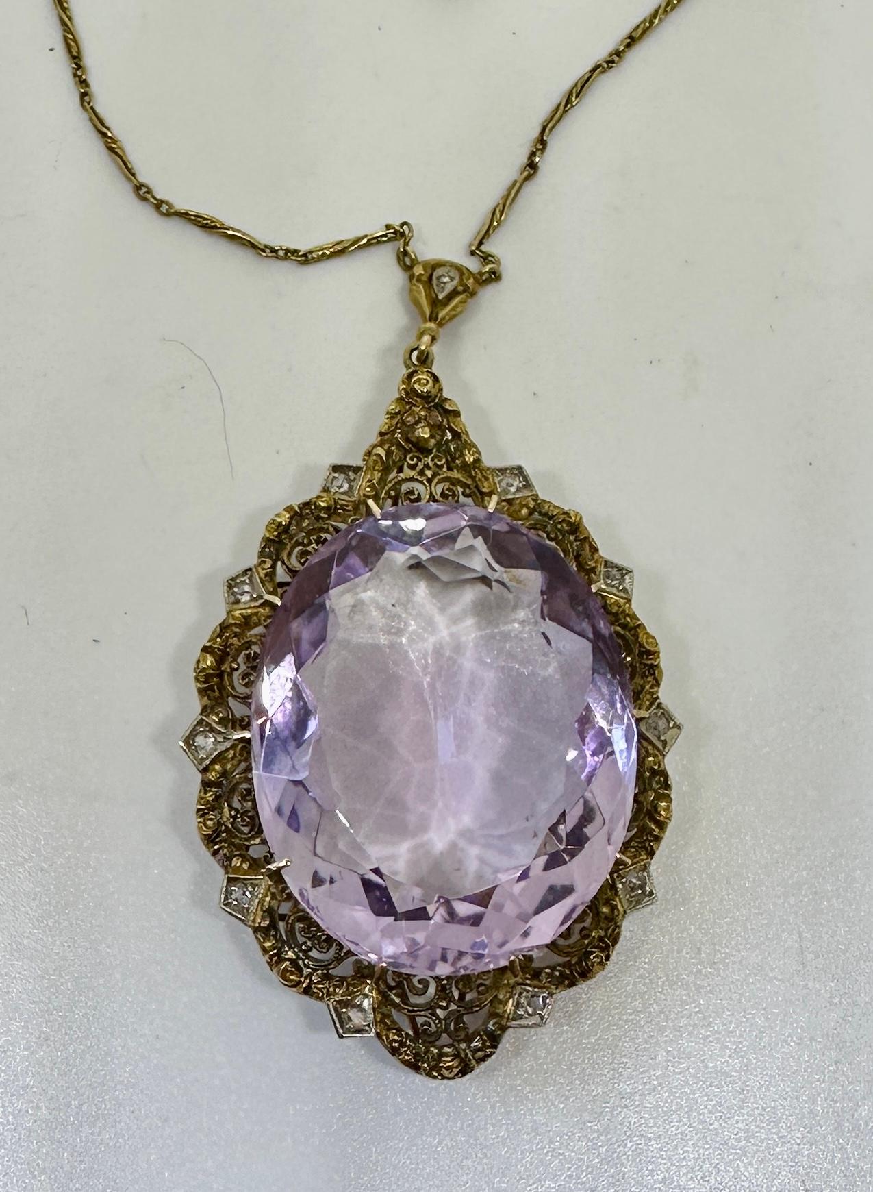 Women's or Men's 50 Carat Amethyst 11 Rose Cut Diamond Pendant Necklace Victorian 14 Karat Gold For Sale