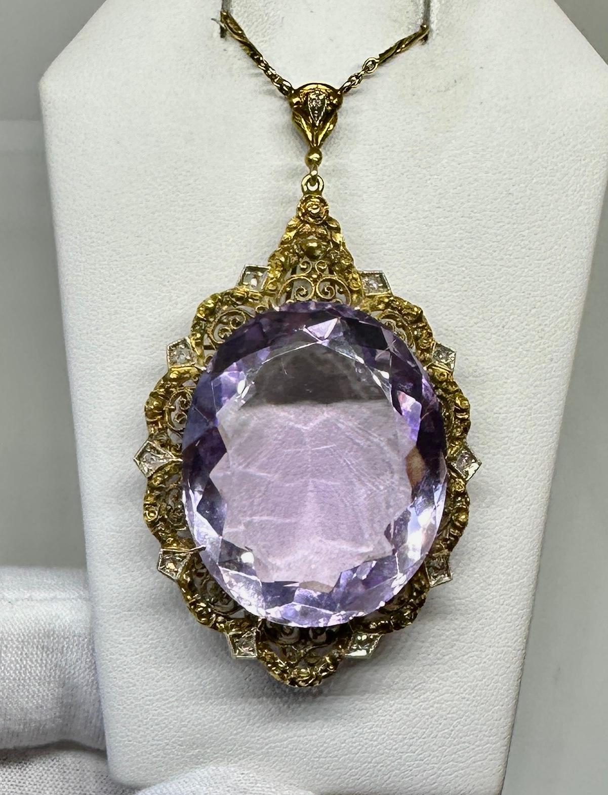 50 Carat Amethyst 11 Rose Cut Diamond Pendant Necklace Victorian 14 Karat Gold For Sale 1
