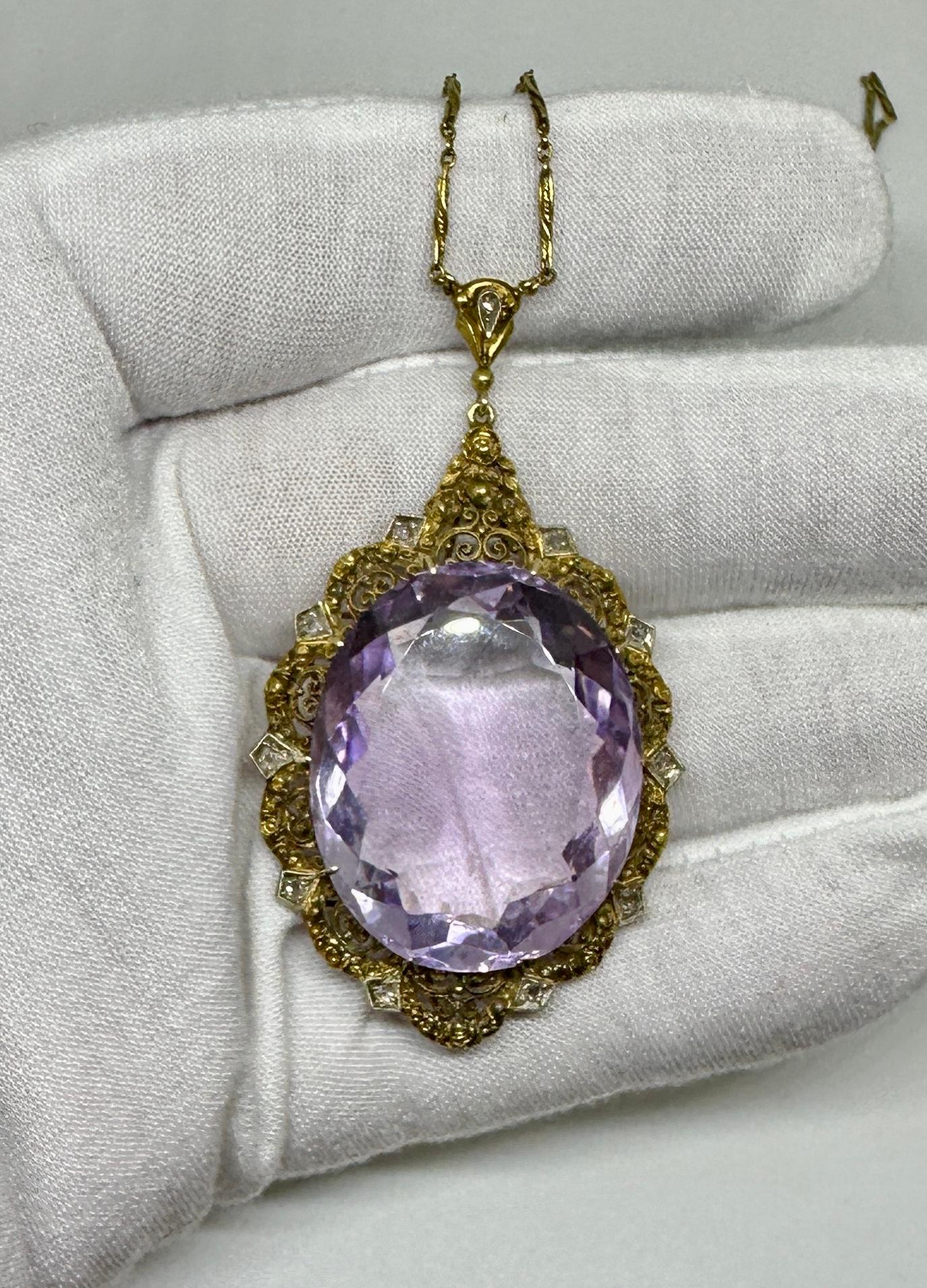 50 Carat Amethyst 11 Rose Cut Diamond Pendant Necklace Victorian 14 Karat Gold For Sale 3