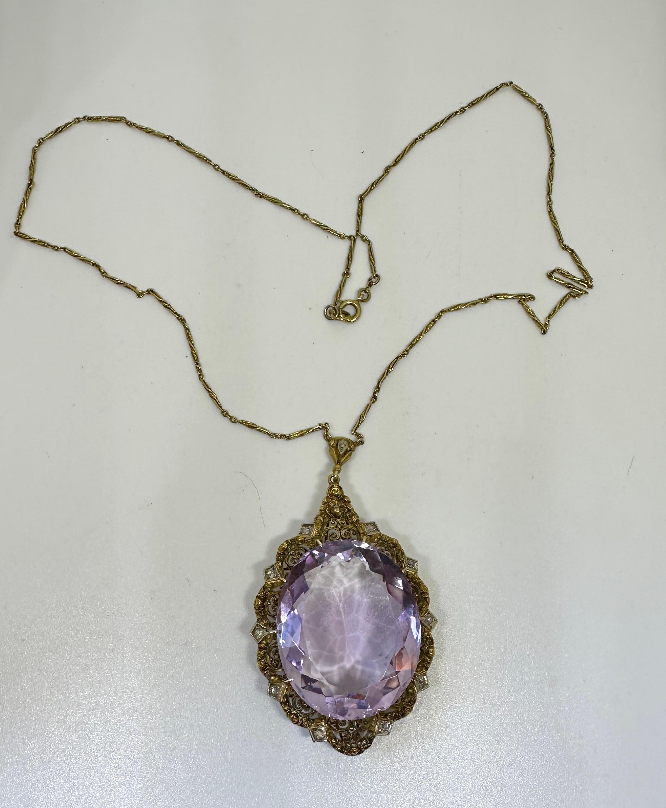50 Carat Amethyst 11 Rose Cut Diamond Pendant Necklace Victorian 14 Karat Gold For Sale 4