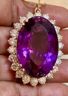 50 Carat Amethyst & 5 ct Diamond Pendant Necklace 14 Karat Yellow Gold + Chain