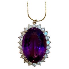 50 Carat Amethyst & 5 ct Diamond Pendant Necklace 14 Karat Yellow Gold + Chain