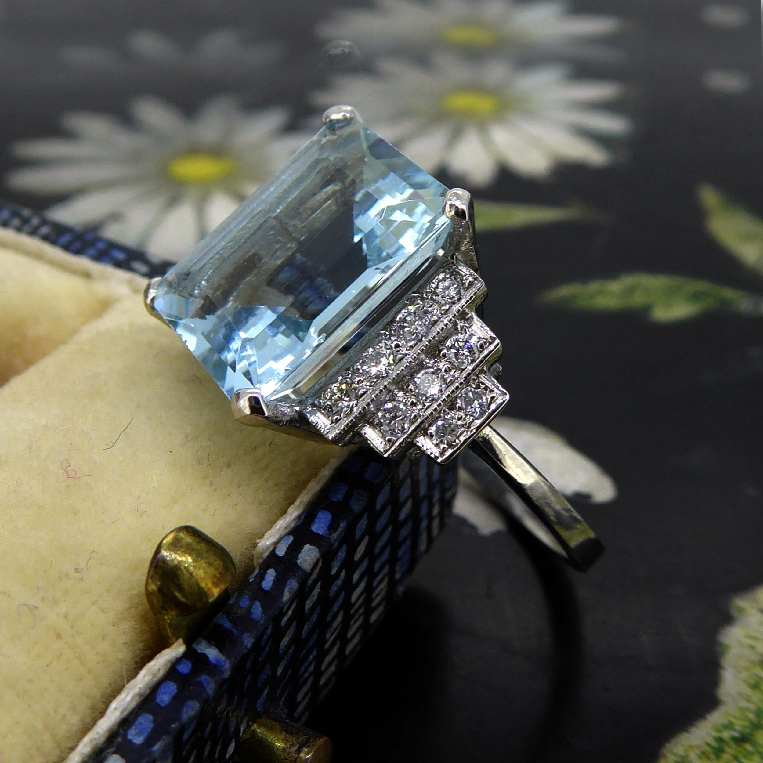 5.0 Karat Aquamarin und Diamant Kleiderring im Art-Déco-Stil, Weißgold (Art déco)