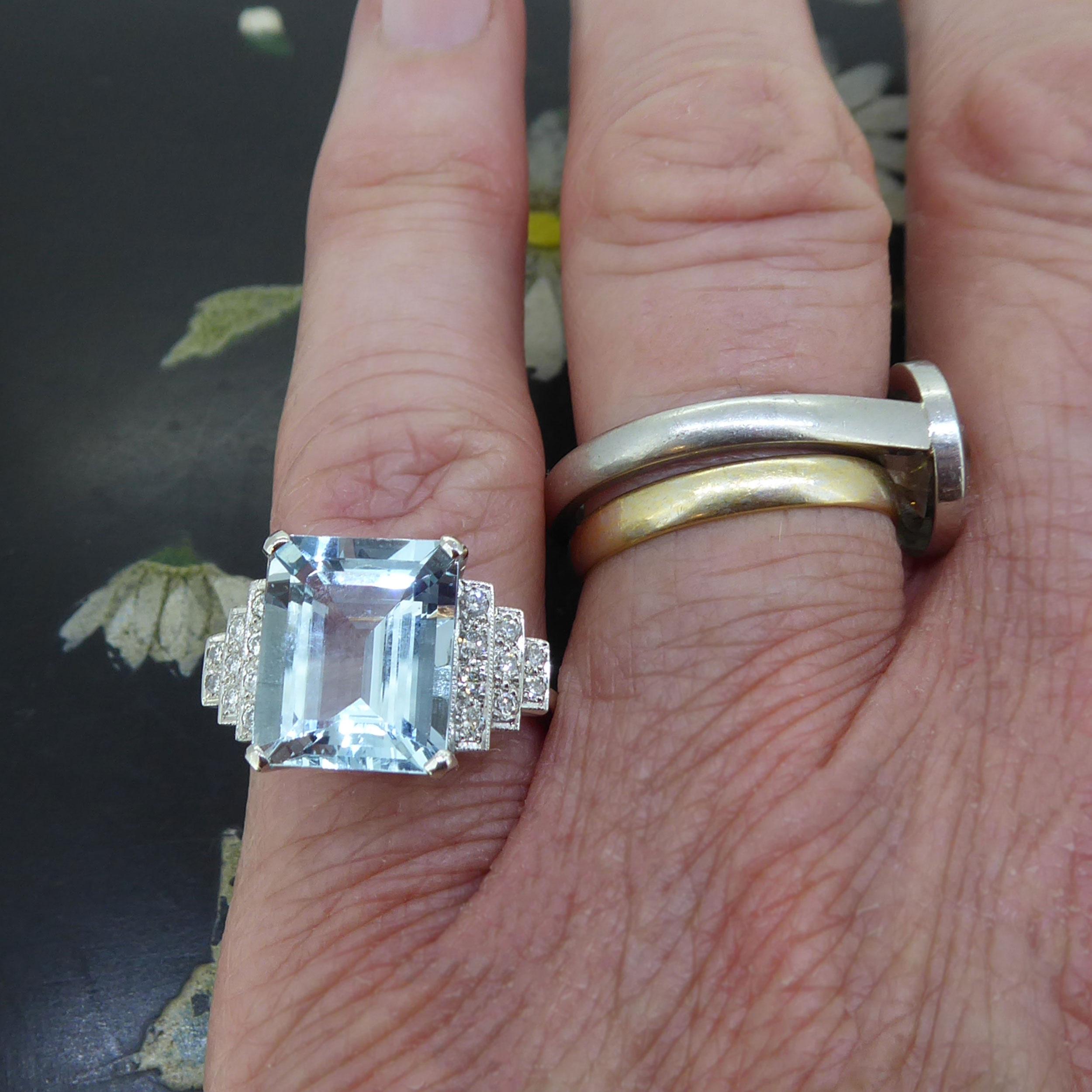 5.0 Karat Aquamarin und Diamant Kleiderring im Art-Déco-Stil, Weißgold Damen