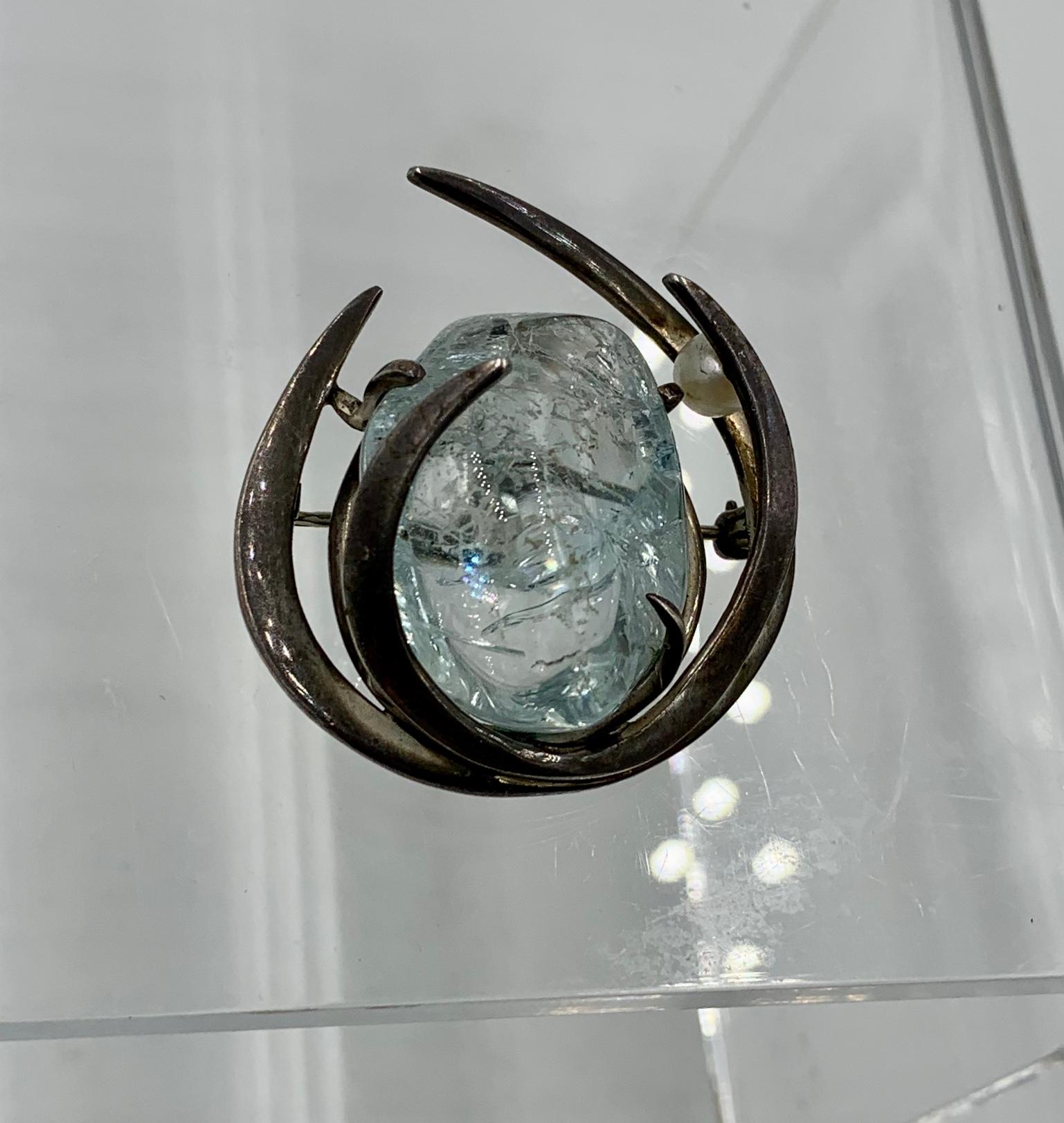50 Carat Aquamarine Brooch Retro Monumental Midcentury Pearl Silver 1