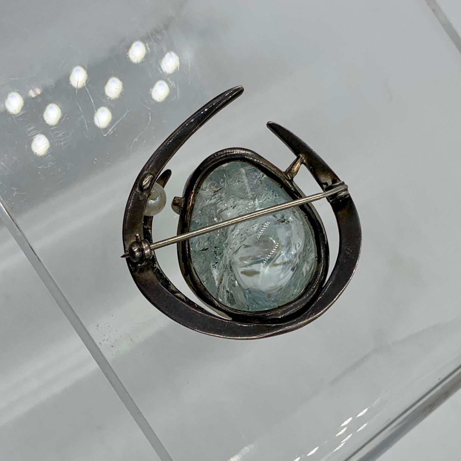 50 Carat Aquamarine Brooch Retro Monumental Midcentury Pearl Silver 3