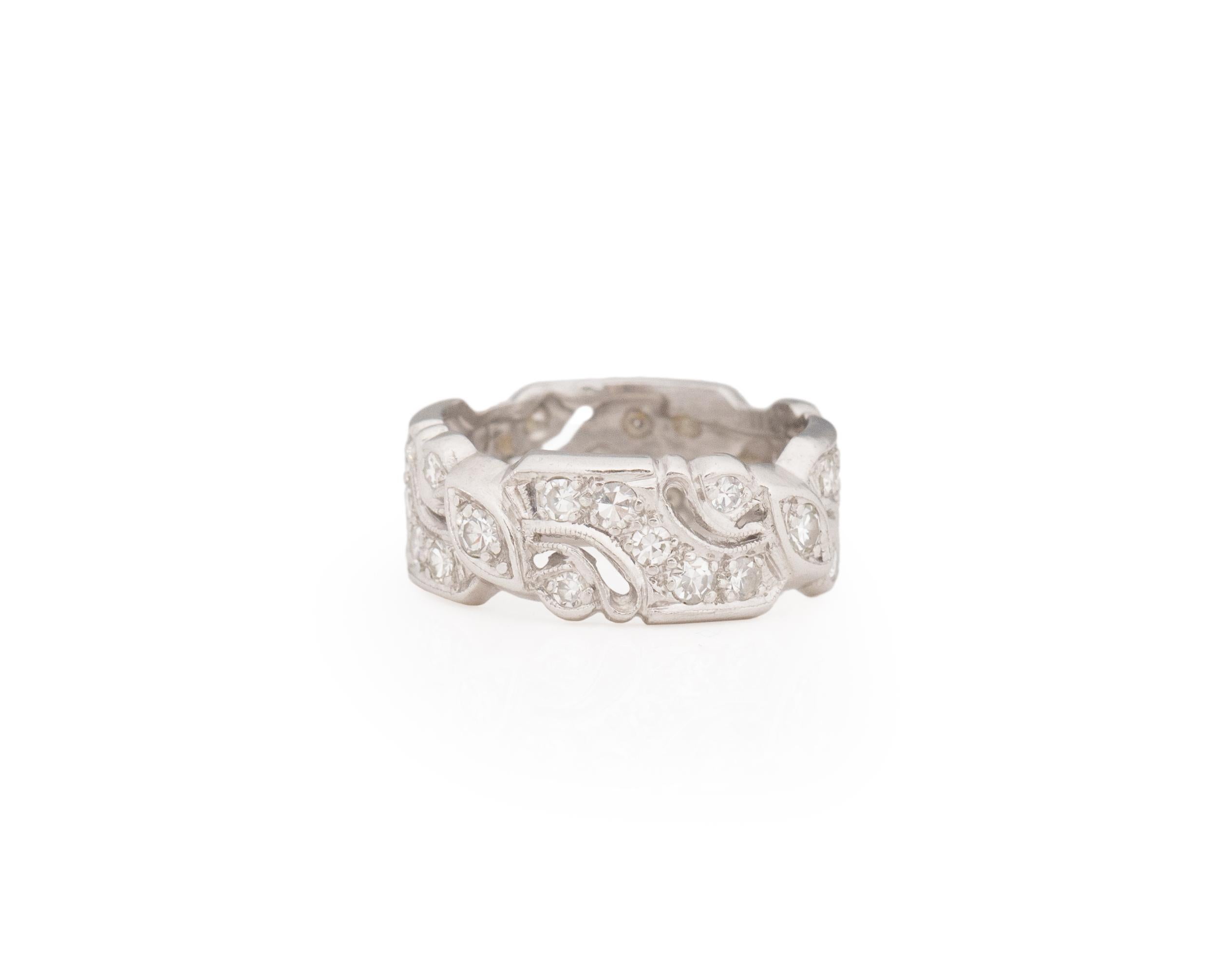 Ring Size: 5
Metal Type: Platinum [Hallmarked, and Tested]
Weight: 6.0 grams

Diamond Details:
Weight: .50ct
Cut: Old European brilliant
Color: G
Clarity: VS

Finger to Top of Stone Measurement: 1mm
Band Width/Thickness: 7mm
Condition: Excellent