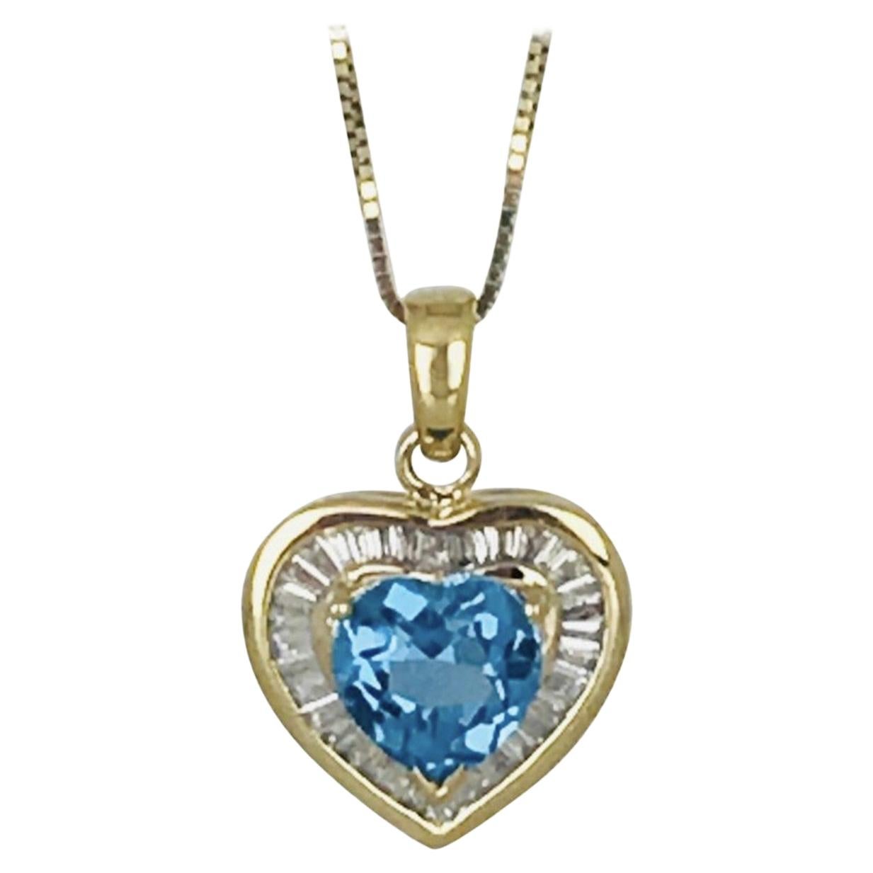 .50 Carat Baguette Diamond Heart with Blue Topaz 14 Karat Gold